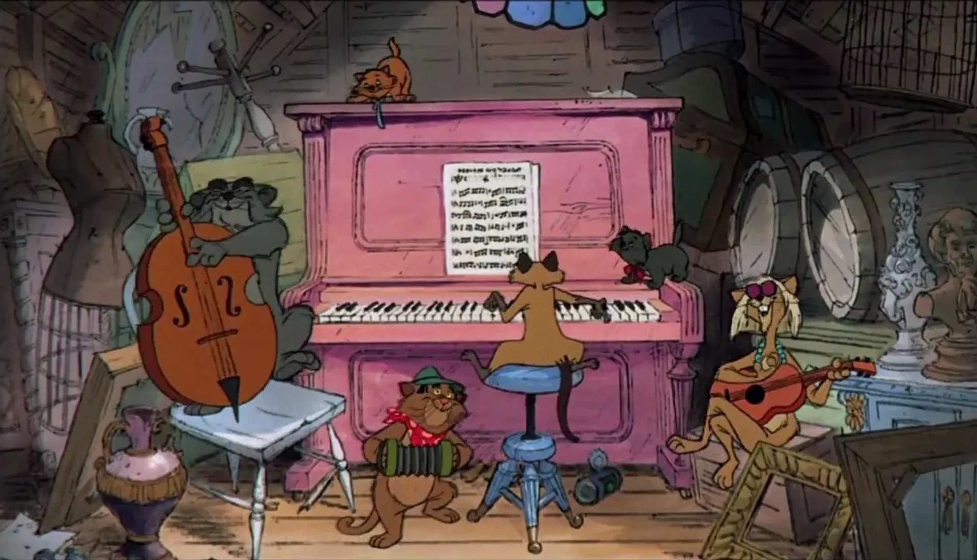 Scatman Crothers, Dean Clark, Gary Dubin, Lord Tim Hudson, Thurl Ravenscroft, Vito Scotti, and Paul Winchell in The Aristocats (1970)