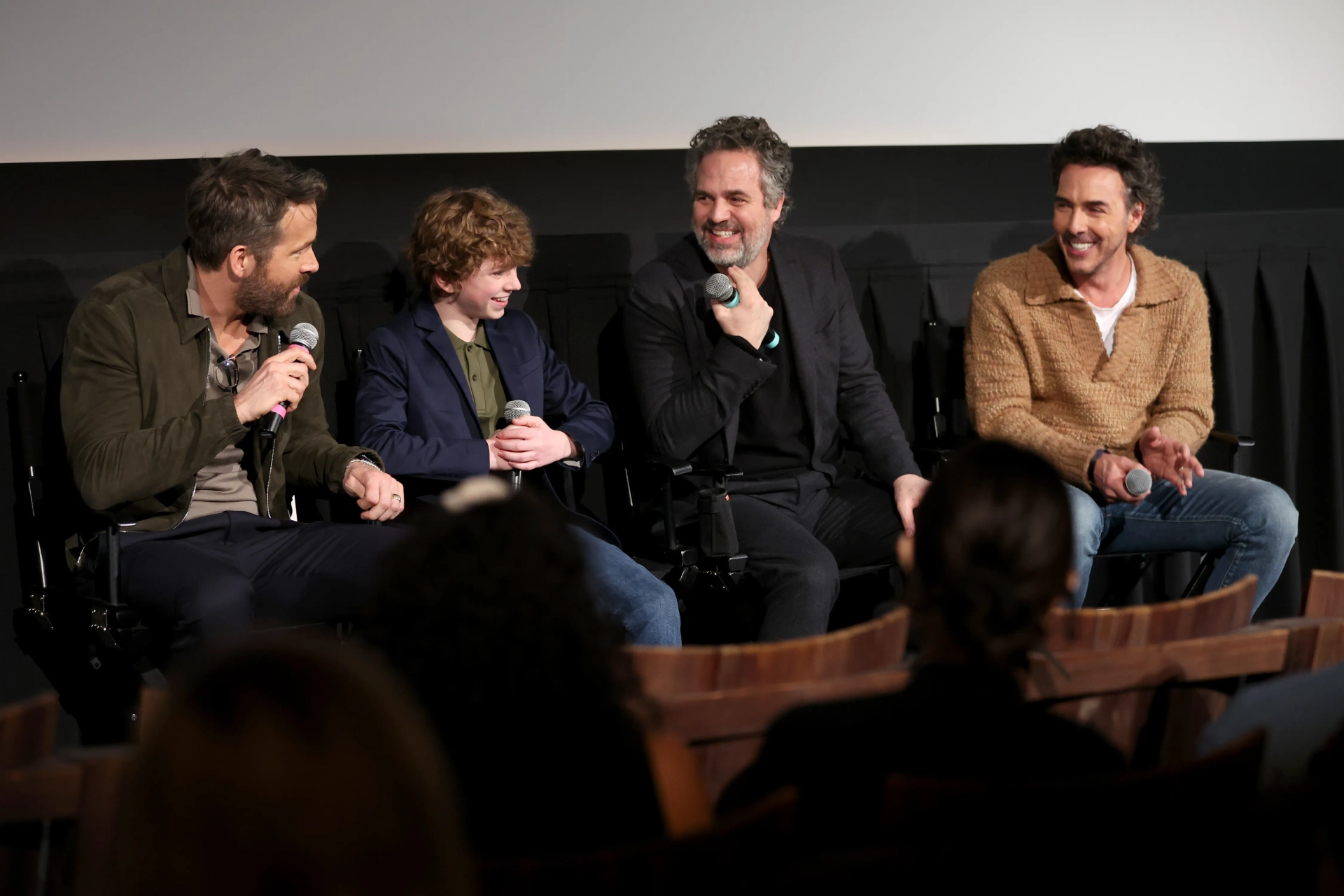 Ryan Reynolds, Shawn Levy, Mark Ruffalo, and Walker Scobell at an event for The Adam Project (2022)