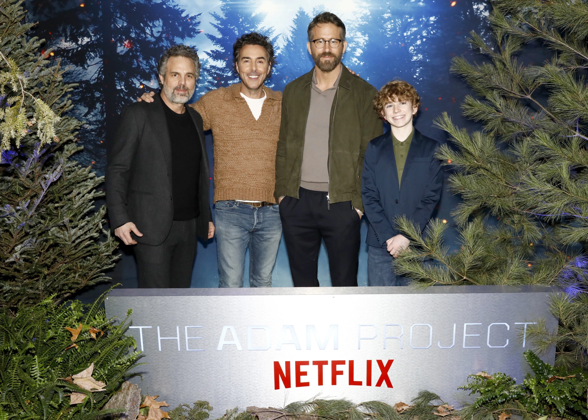 Ryan Reynolds, Shawn Levy, Mark Ruffalo, and Walker Scobell at an event for The Adam Project (2022)