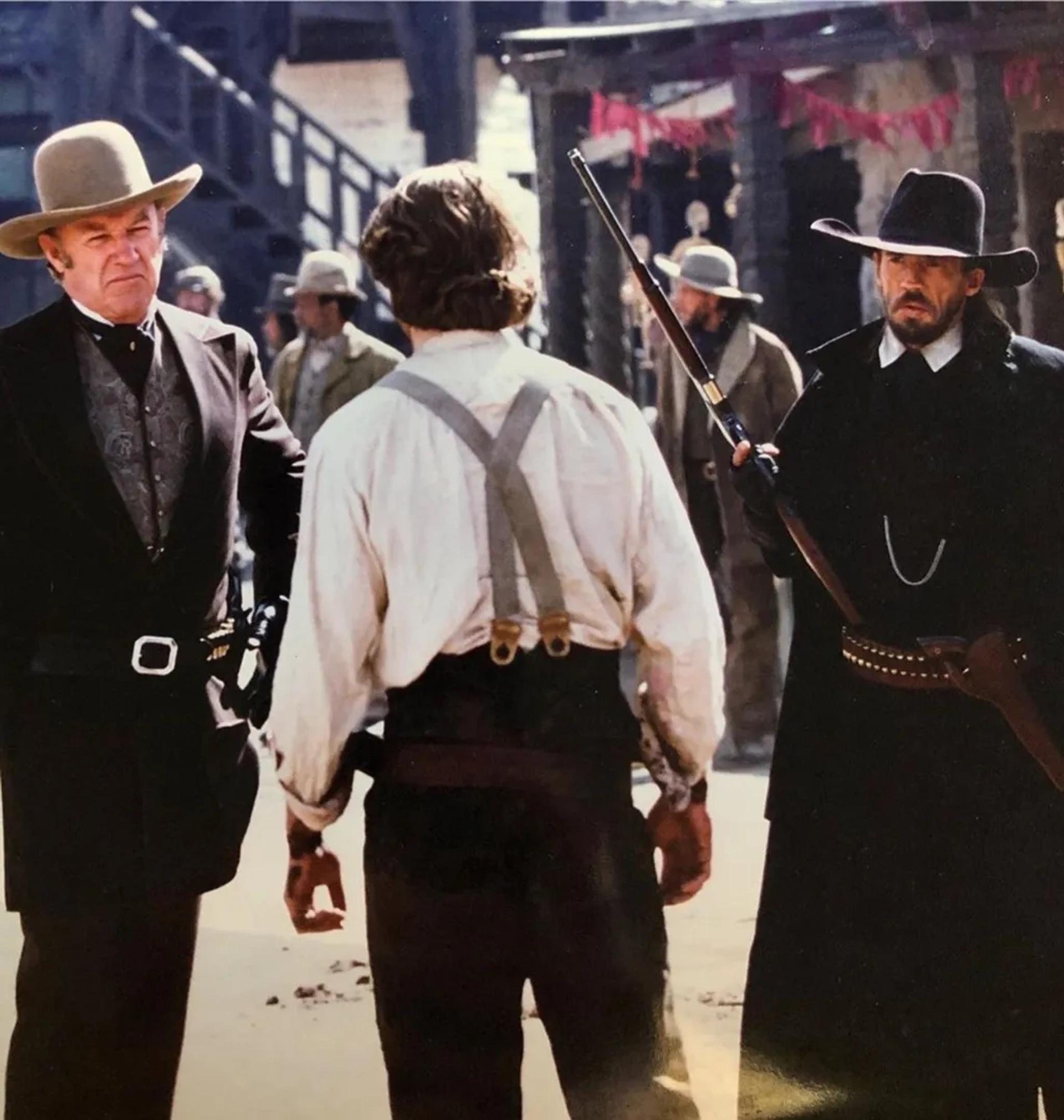 Russell Crowe, Gene Hackman, and Michael Stone in The Quick and the Dead (1995)