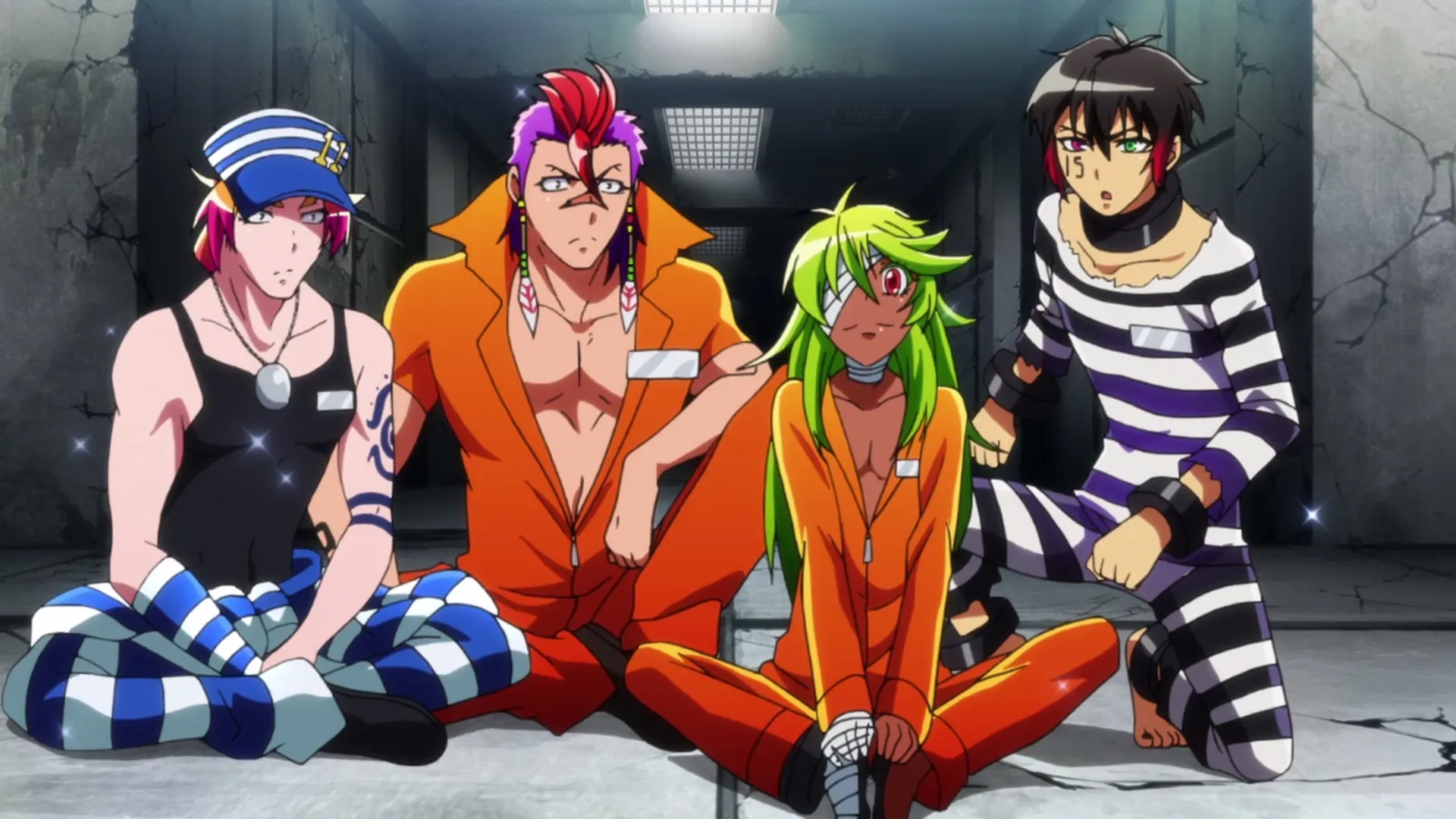 Tetsuya Kakihara, Airu Shiozaki, Yûto Uemura, Jarrod Greene, Justin Briner, Alejandro Saab, Daman Mills, and Daiki Kobayashi in Nanbaka (2016)