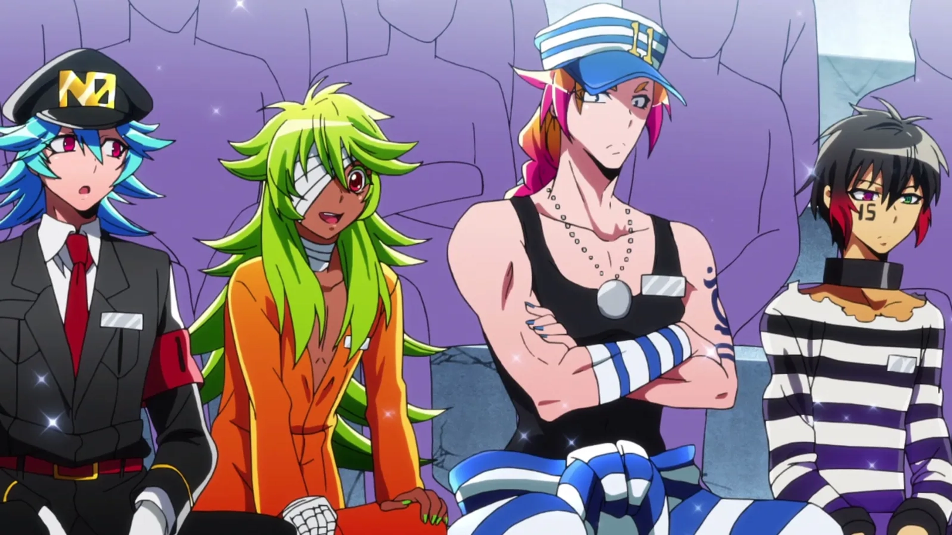 Tetsuya Kakihara, Yûto Uemura, Justin Briner, Alejandro Saab, Daman Mills, Dallas Reid, Keito Okuyama, and Daiki Kobayashi in Nanbaka (2016)