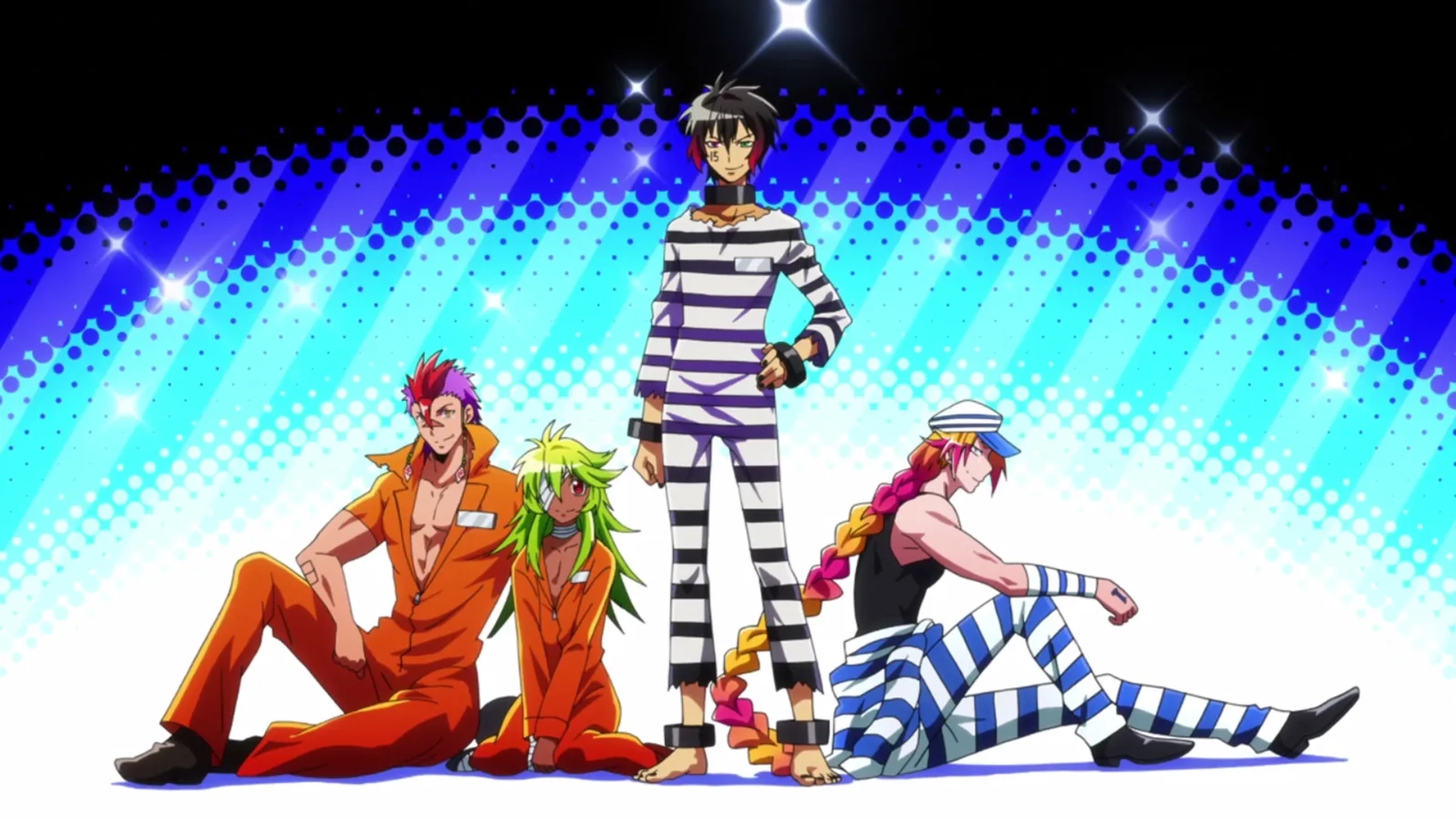 Tetsuya Kakihara, Airu Shiozaki, Yûto Uemura, Jarrod Greene, Justin Briner, Alejandro Saab, Daman Mills, and Daiki Kobayashi in Nanbaka (2016)