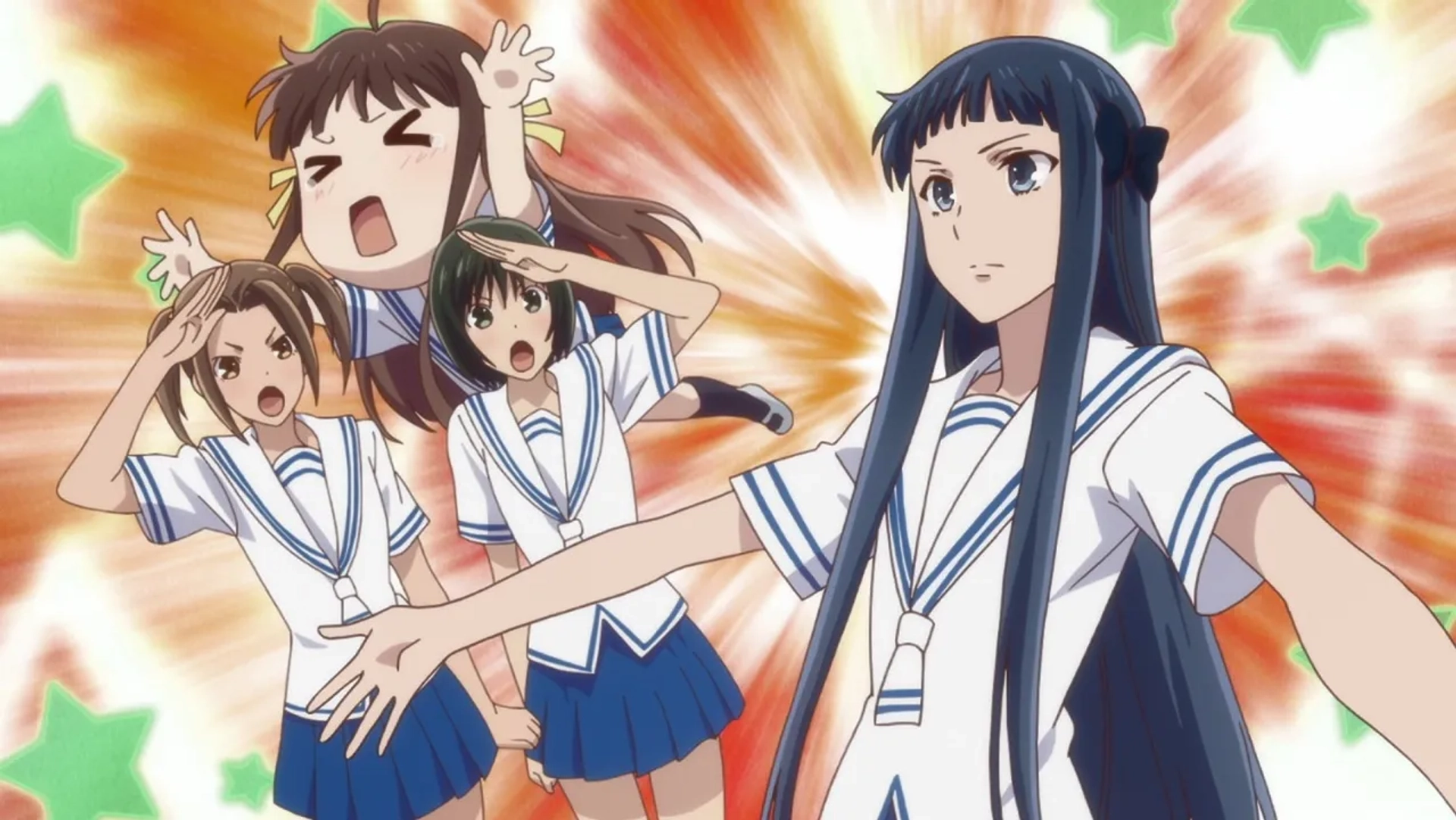 Mao Ichimichi, Shizuka Ishigami, Manaka Iwami, and Anzu Haruno in Fruits Basket: I Never Back Down from a Wave Fight (2019)