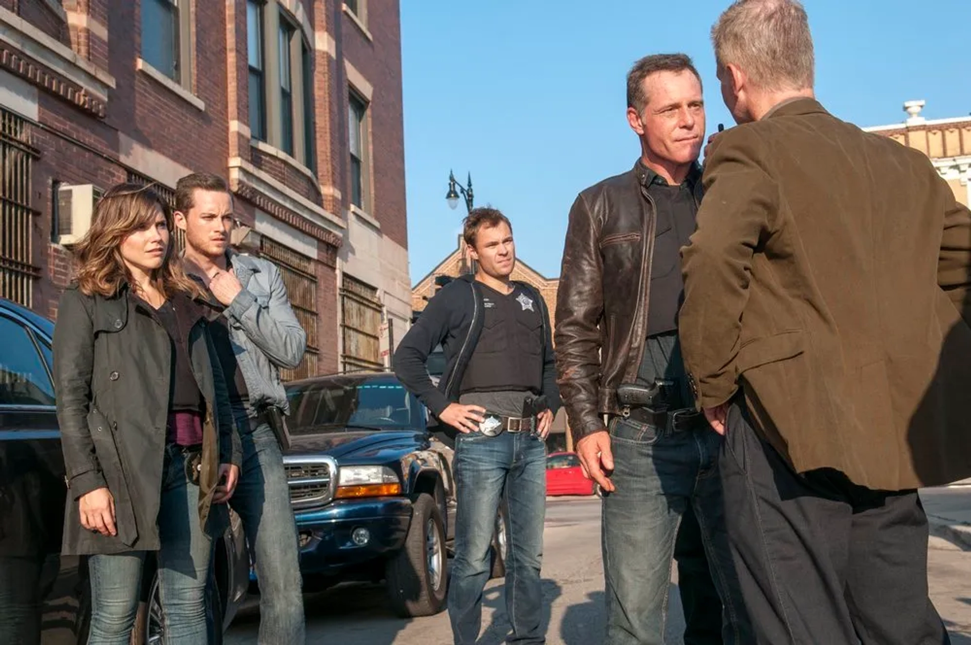 Jason Beghe, Sophia Bush, Kurt Naebig, Jesse Lee Soffer, and Patrick John Flueger in Chicago P.D. (2014)