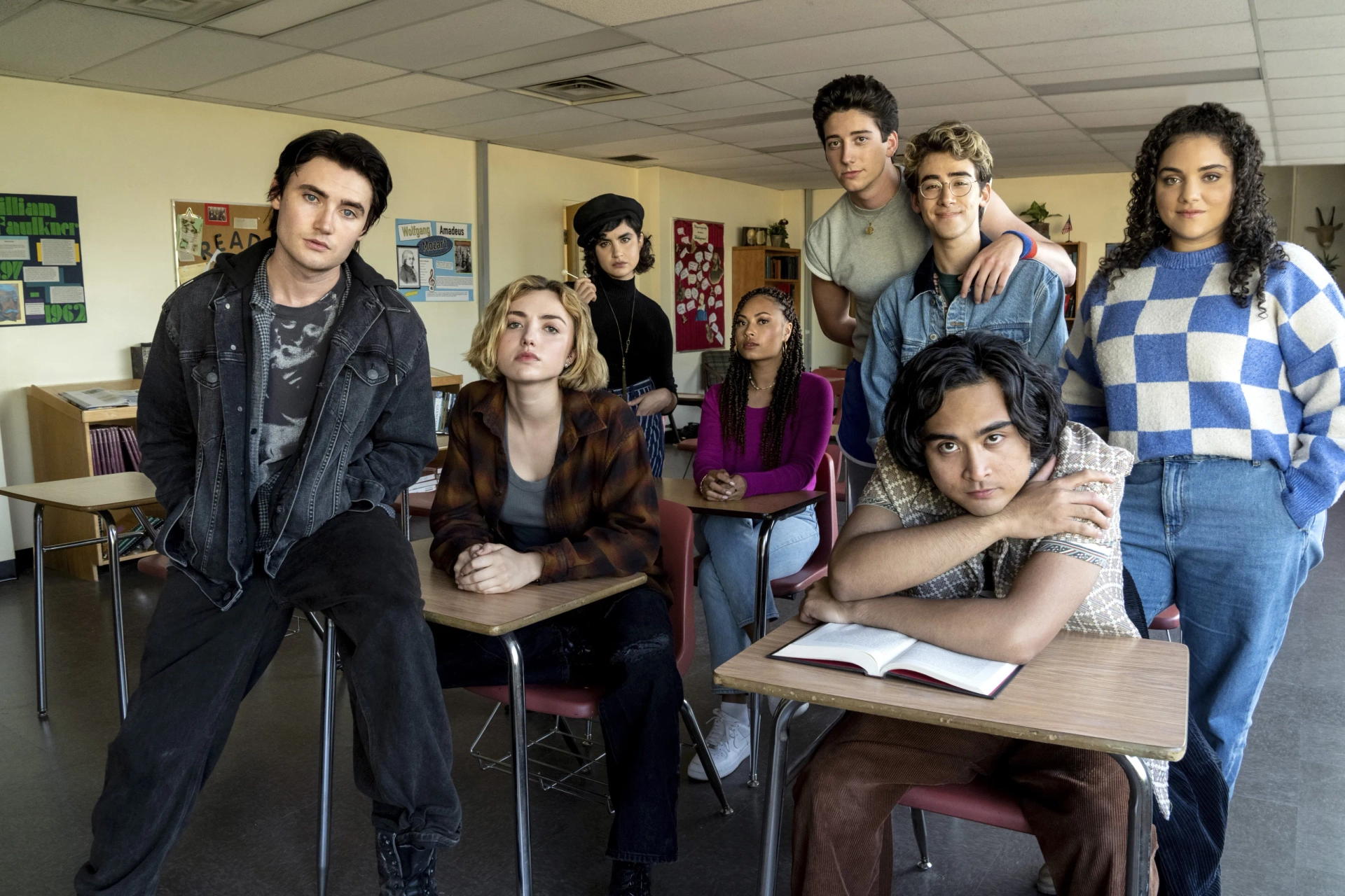 Peyton List, Milo Manheim, Sarah Yarkin, Spencer Macpherson, Kiara Pichardo, Rainbow Wedell, Nick Pugliese, and Kristian Ventura in School Spirits (2023)