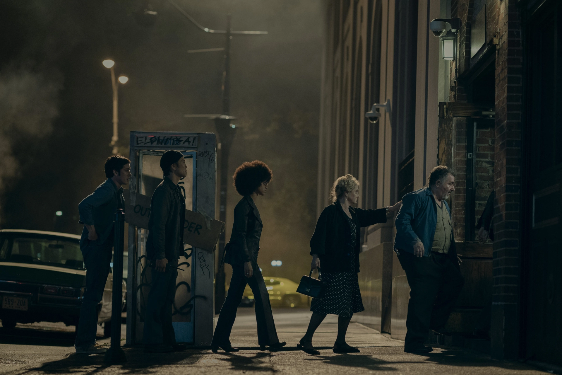 Carol Kane, Saul Rubinek, Logan Lerman, Louis Ozawa, and Tiffany Boone in Hunters (2020)