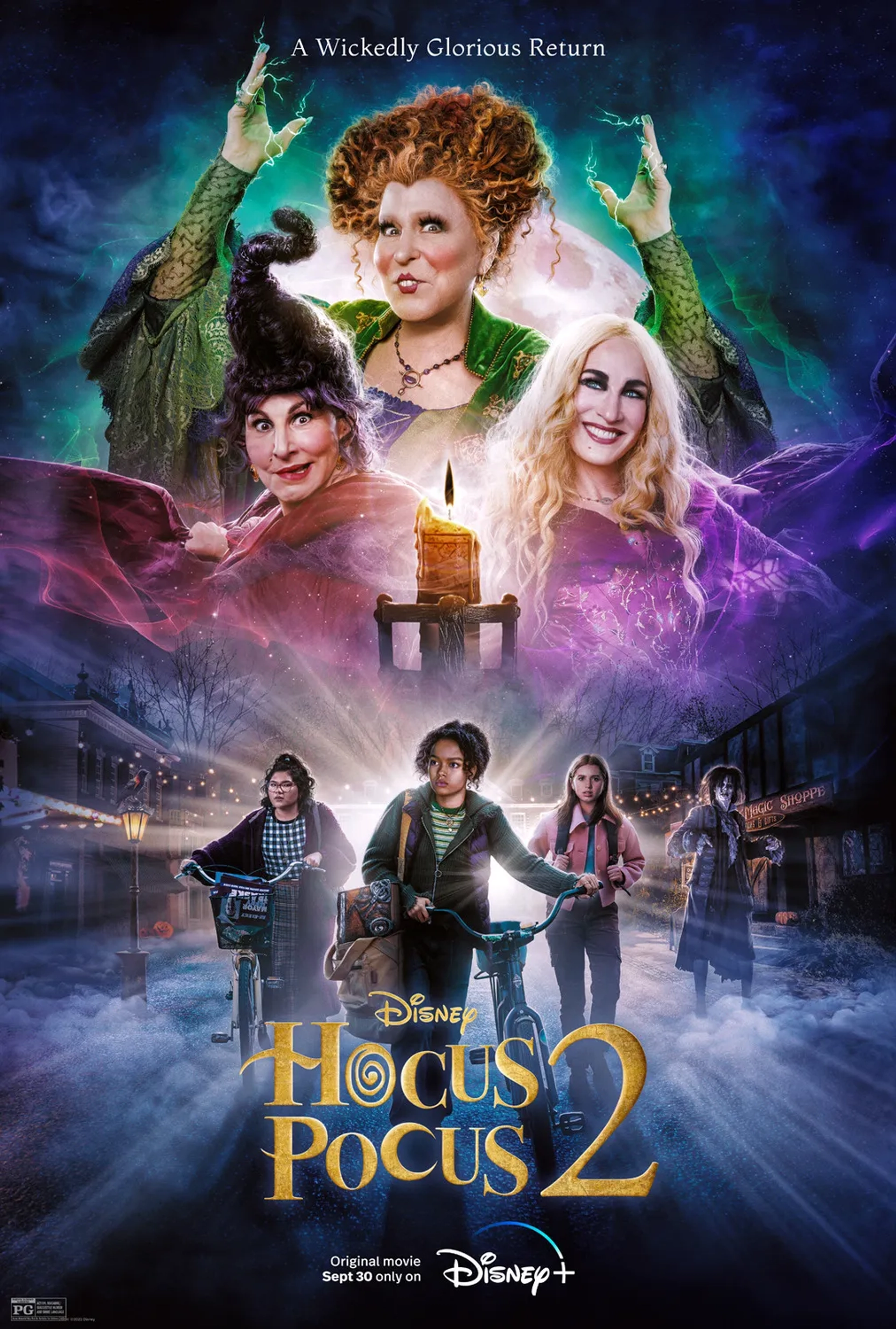 Bette Midler, Sarah Jessica Parker, Kathy Najimy, Doug Jones, Lilia Buckingham, Belissa Escobedo, and Whitney Peak in Hocus Pocus 2 (2022)