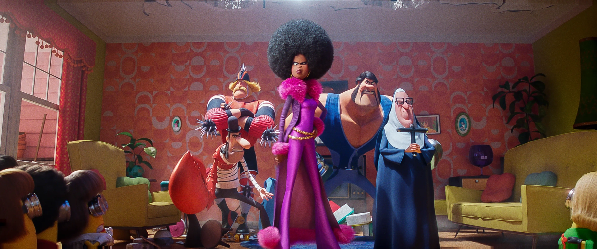 Dolph Lundgren, Jean-Claude Van Damme, Danny Trejo, Lucy Lawless, Taraji P. Henson, and Pierre Coffin in Minions: The Rise of Gru (2022)