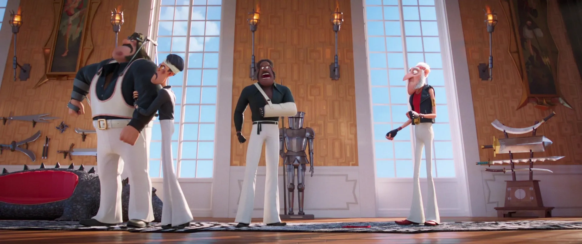 Alan Arkin, John DiMaggio, Kevin Michael Richardson, and Jimmy O. Yang in Minions: The Rise of Gru (2022)