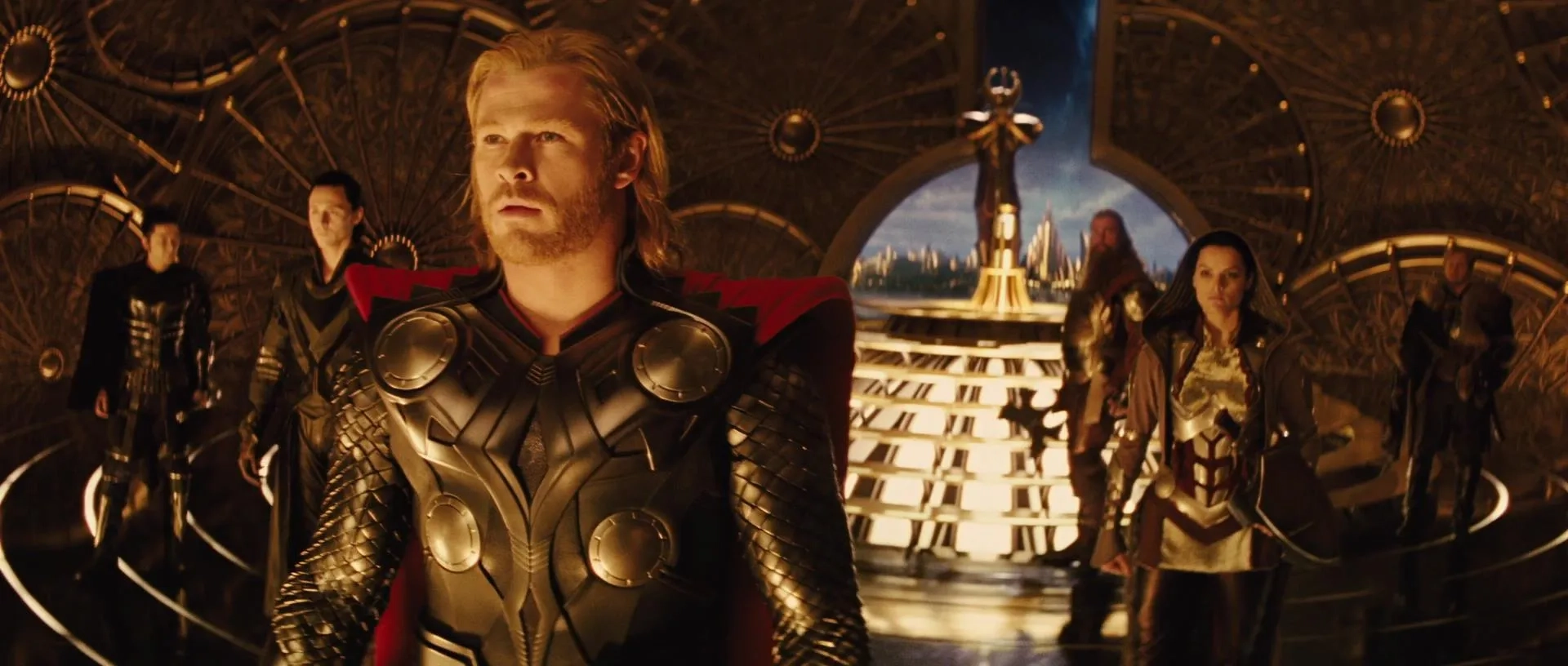 Tadanobu Asano, Ray Stevenson, Tom Hiddleston, Chris Hemsworth, Jaimie Alexander, and Josh Dallas in Thor (2011)