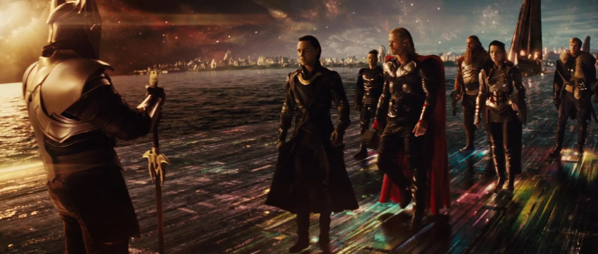 Tadanobu Asano, Idris Elba, Ray Stevenson, Tom Hiddleston, Chris Hemsworth, Jaimie Alexander, and Josh Dallas in Thor (2011)