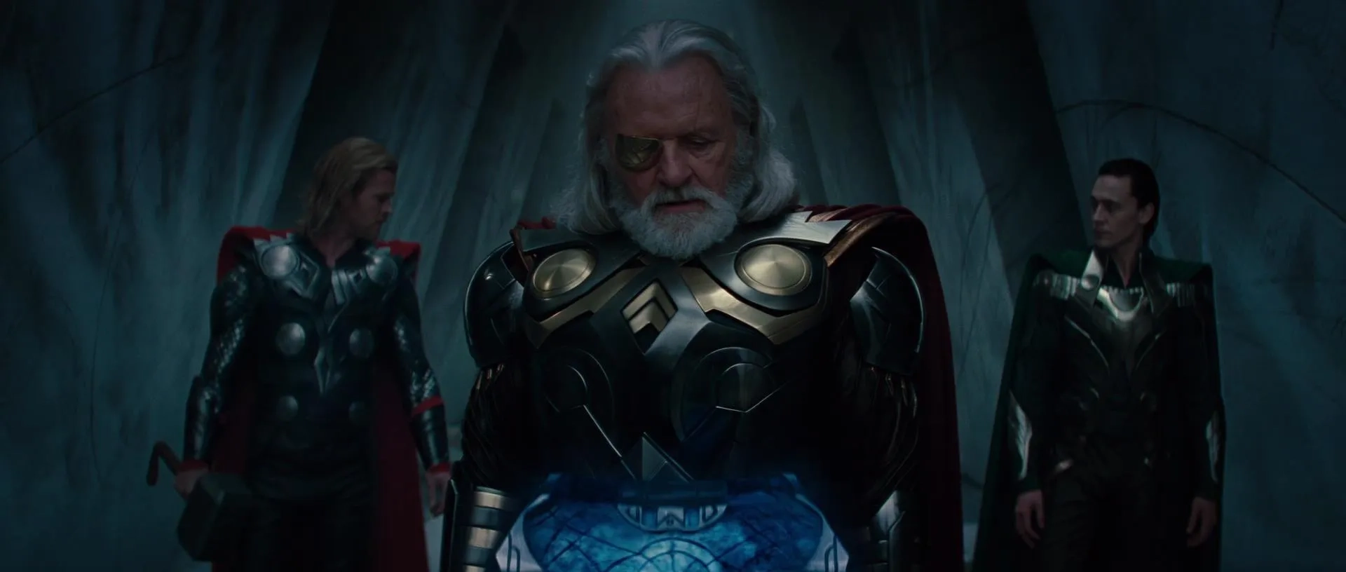 Anthony Hopkins, Tom Hiddleston, and Chris Hemsworth in Thor (2011)