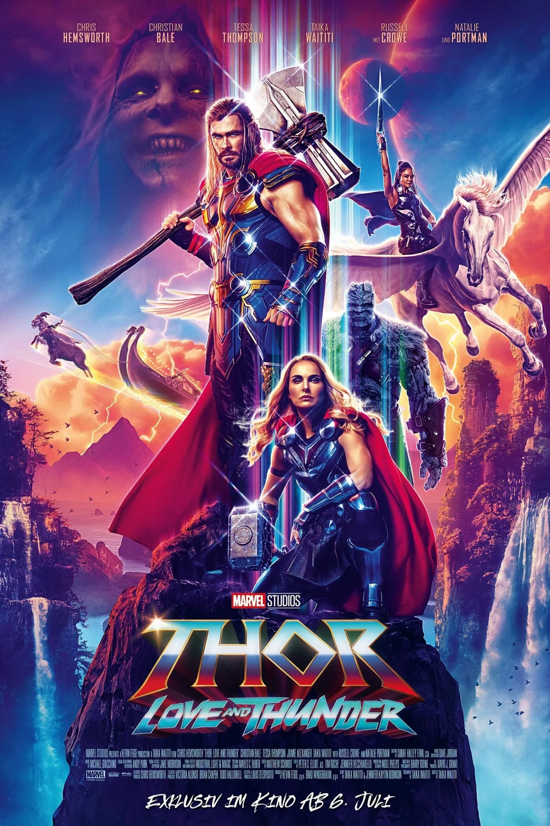 Natalie Portman, Christian Bale, Taika Waititi, Chris Hemsworth, and Tessa Thompson in Thor: Love and Thunder (2022)