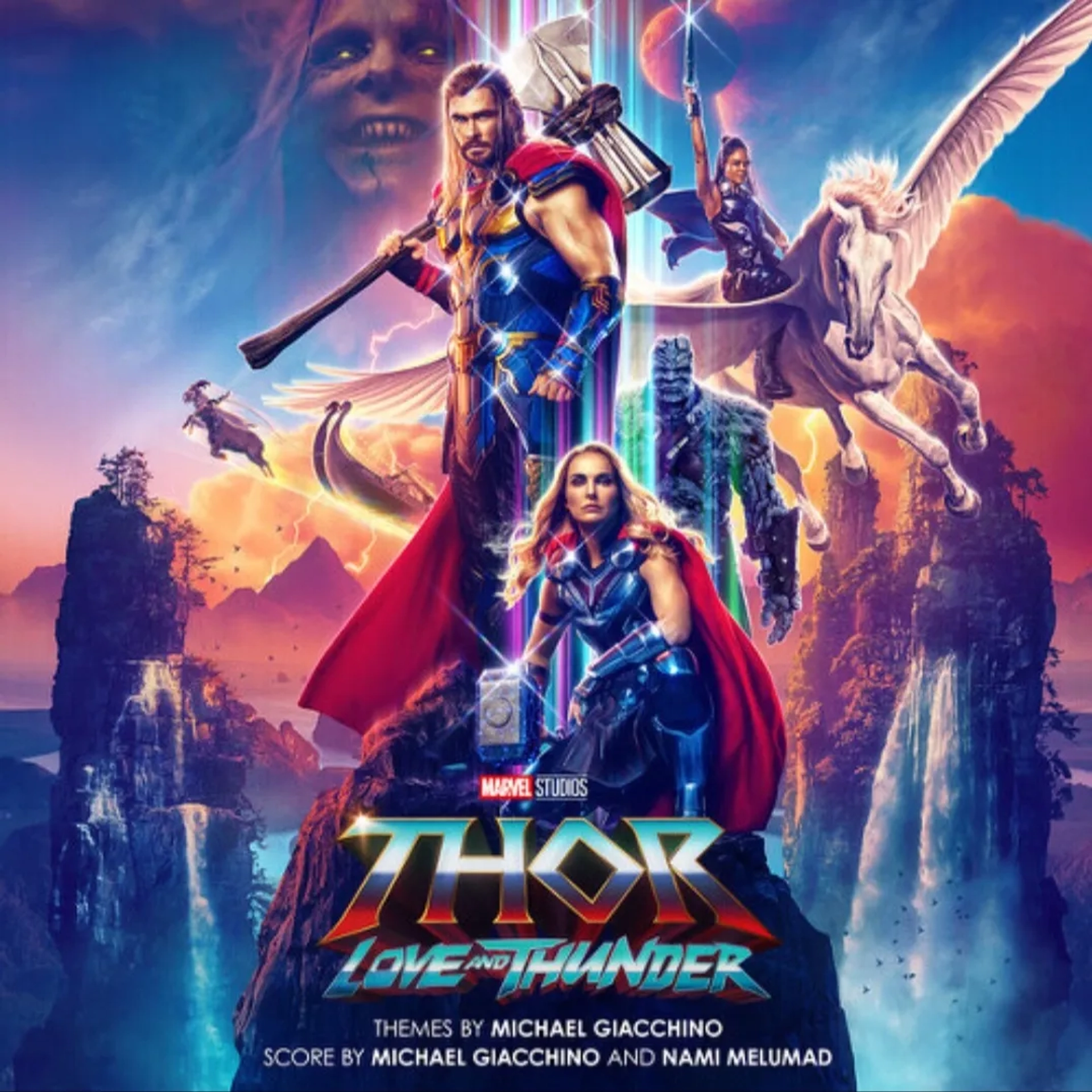 Natalie Portman, Christian Bale, Taika Waititi, Chris Hemsworth, and Tessa Thompson in Thor: Love and Thunder (2022)