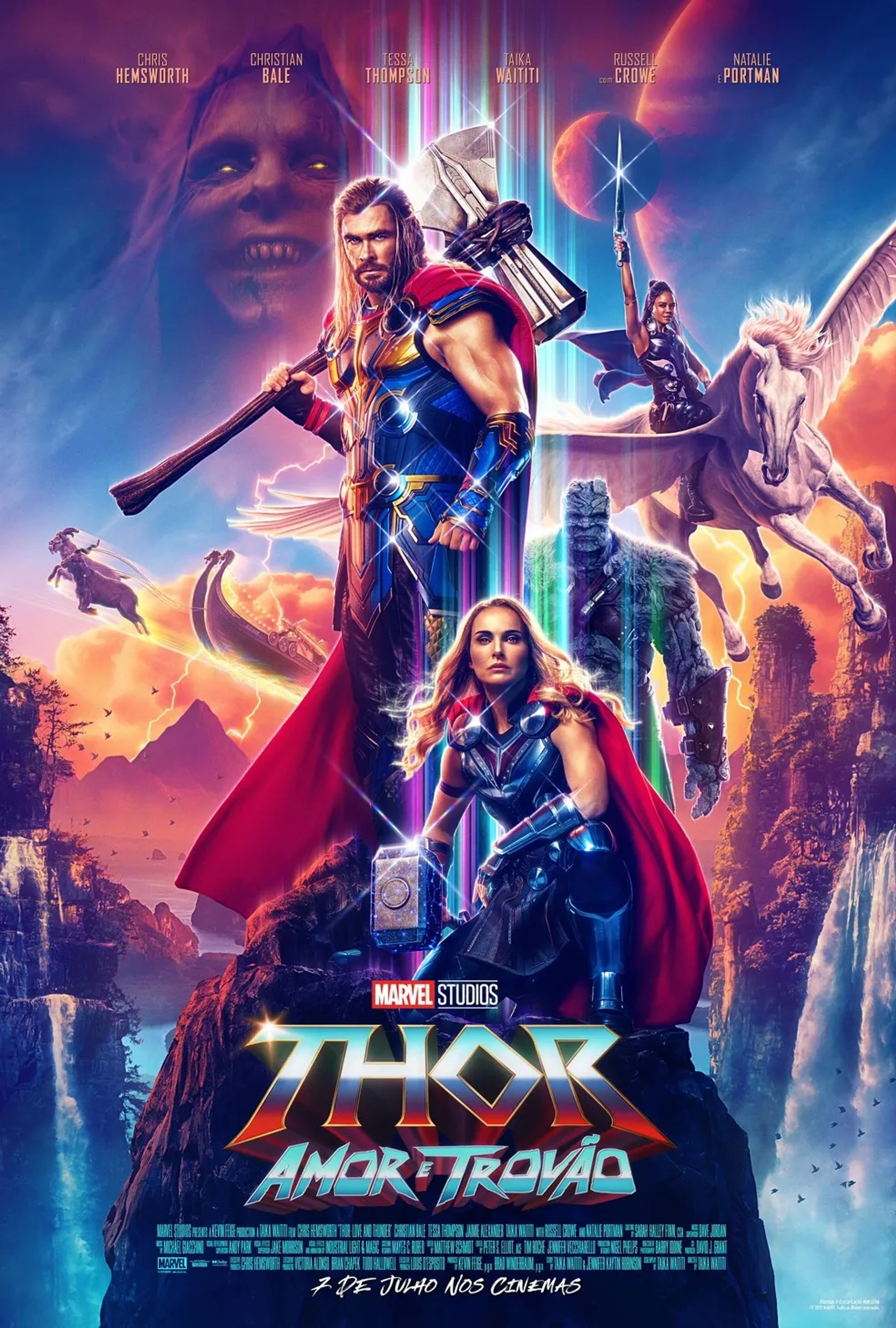 Natalie Portman, Christian Bale, Taika Waititi, Chris Hemsworth, and Tessa Thompson in Thor: Love and Thunder (2022)