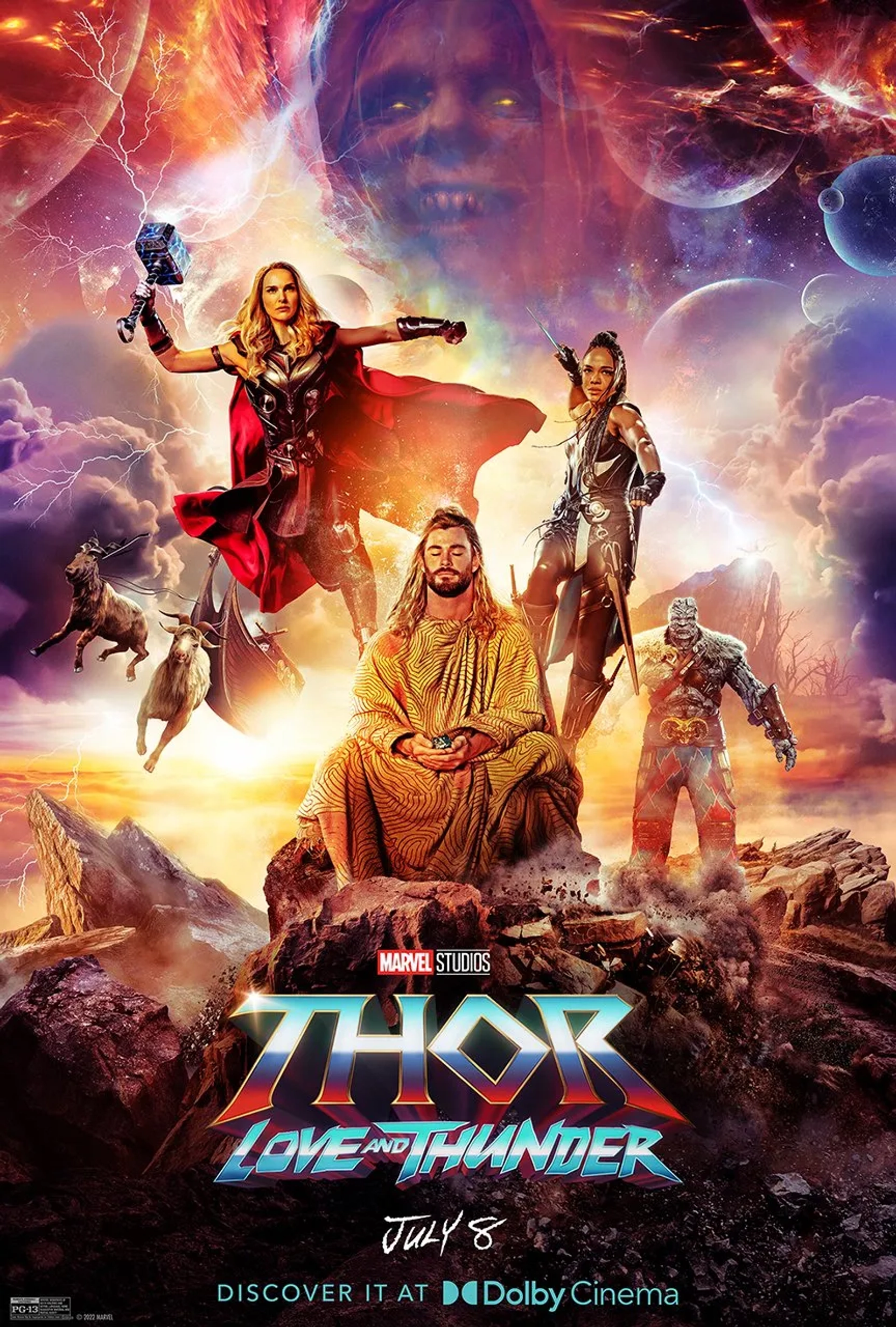 Natalie Portman, Christian Bale, Taika Waititi, Chris Hemsworth, and Tessa Thompson in Thor: Love and Thunder (2022)