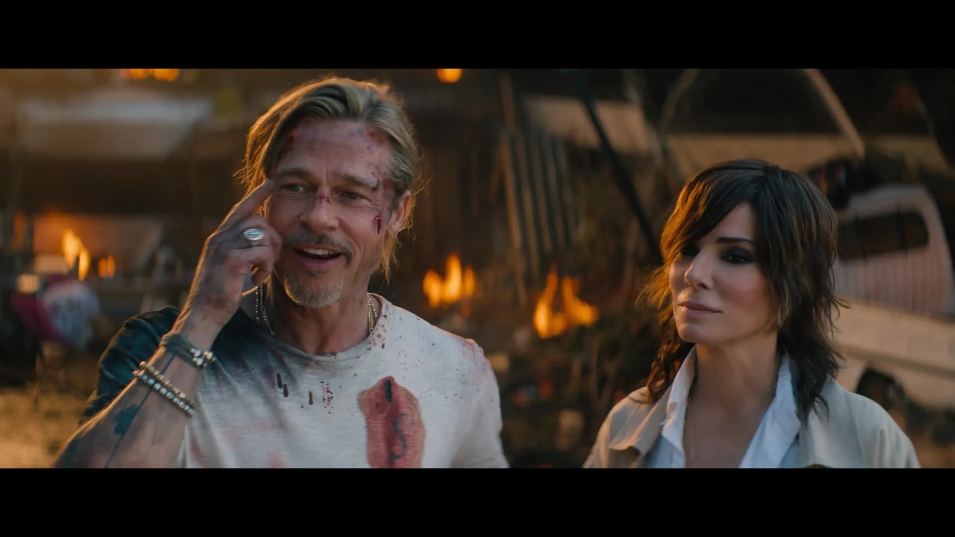 Brad Pitt and Sandra Bullock in Bullet Train (2022)