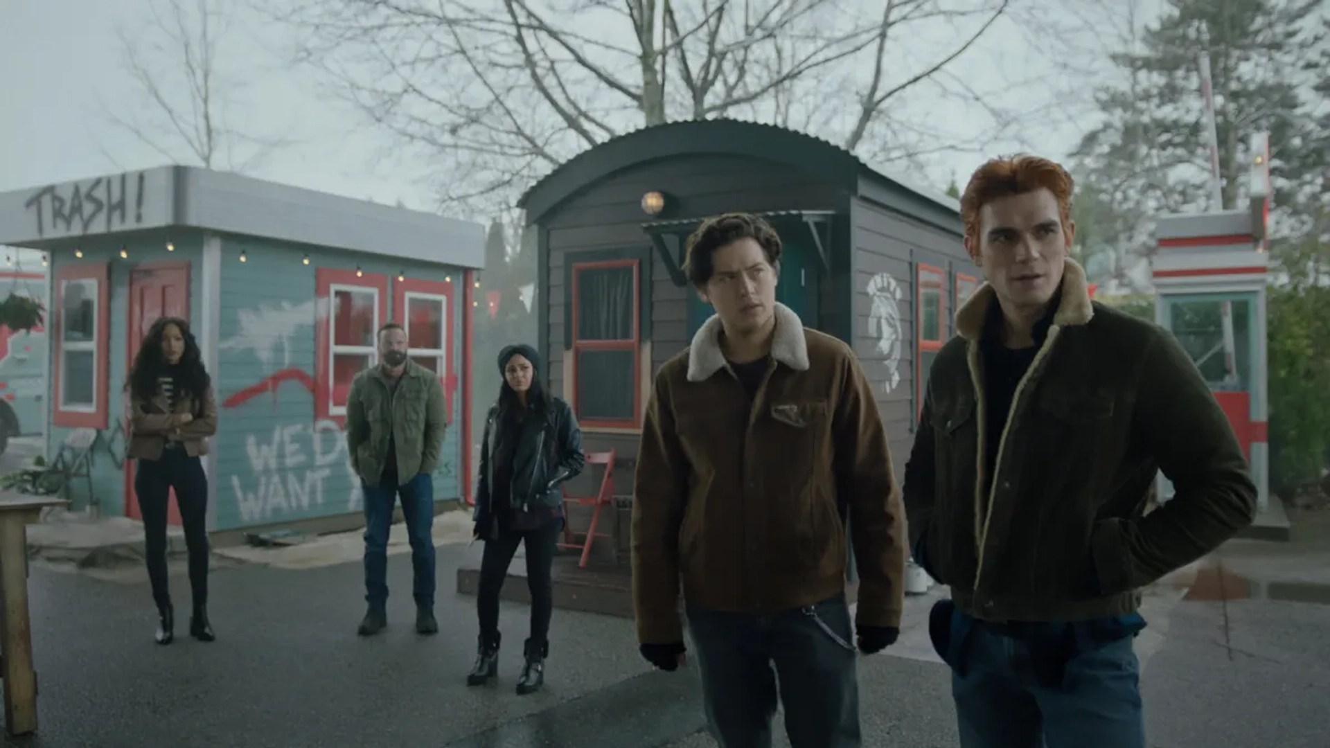 Vanessa Morgan, Ryan Robbins, Cole Sprouse, Erinn Westbrook, and K.J. Apa in Riverdale: Chapter One Hundred and Three: The Town (2022)