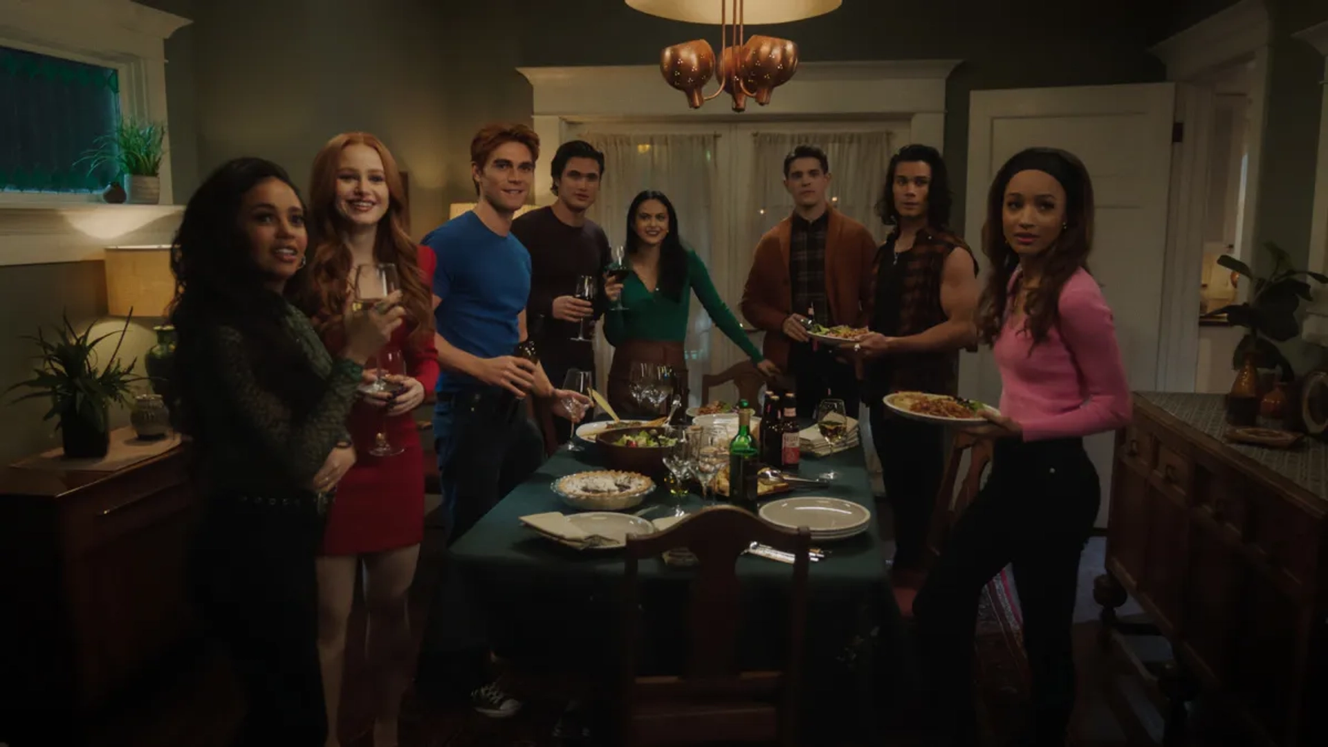 Vanessa Morgan, Drew Ray Tanner, Erinn Westbrook, Camila Mendes, K.J. Apa, Charles Melton, Madelaine Petsch, and Casey Cott in Riverdale: Chapter One Hundred: The Jughead Paradox (2021)