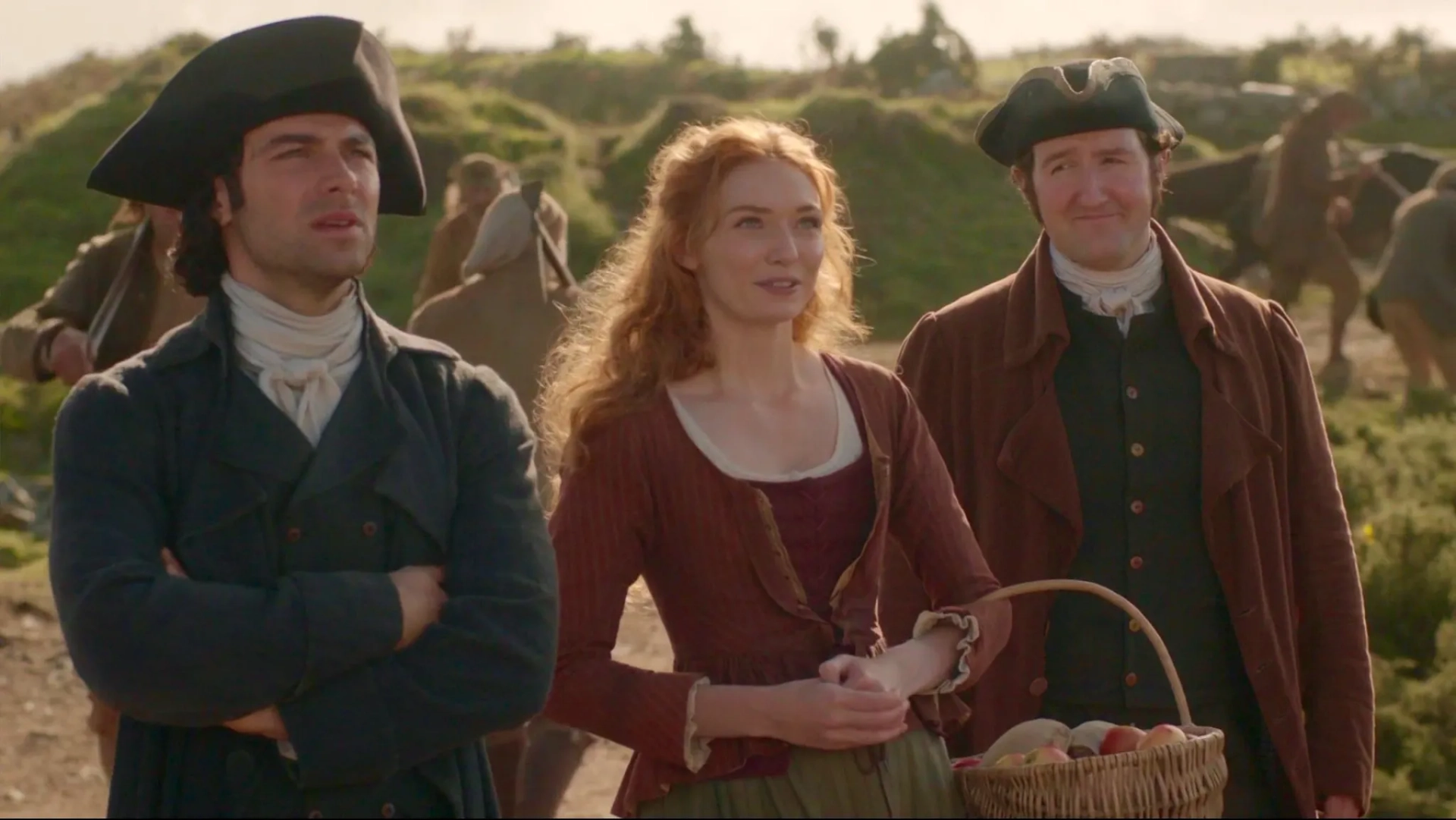 Eleanor Tomlinson, Aidan Turner, and John Hollingworth in Poldark (2015)