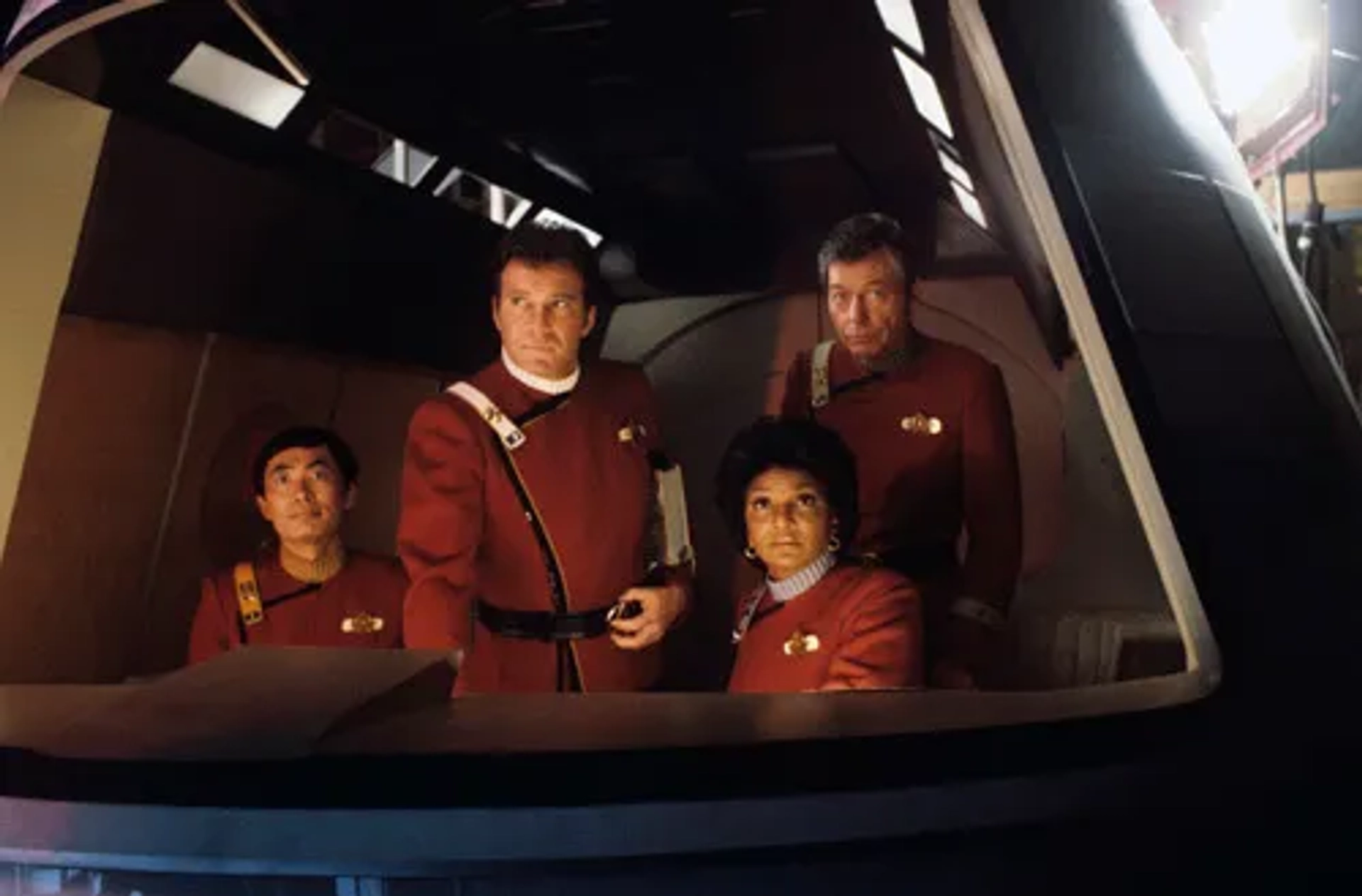 William Shatner, DeForest Kelley, George Takei, and Nichelle Nichols in Star Trek II: The Wrath of Khan (1982)