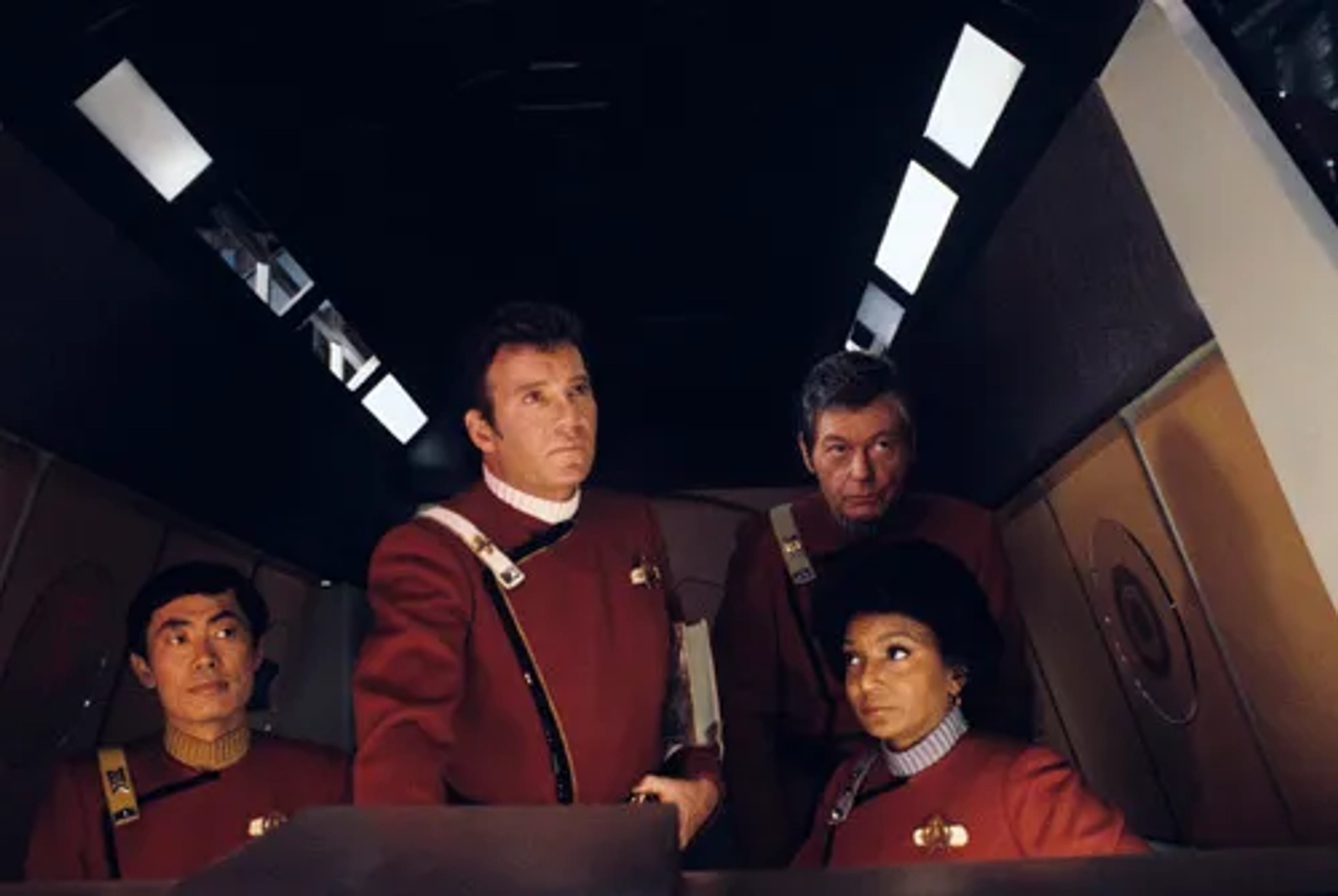 William Shatner, DeForest Kelley, George Takei, and Nichelle Nichols in Star Trek II: The Wrath of Khan (1982)