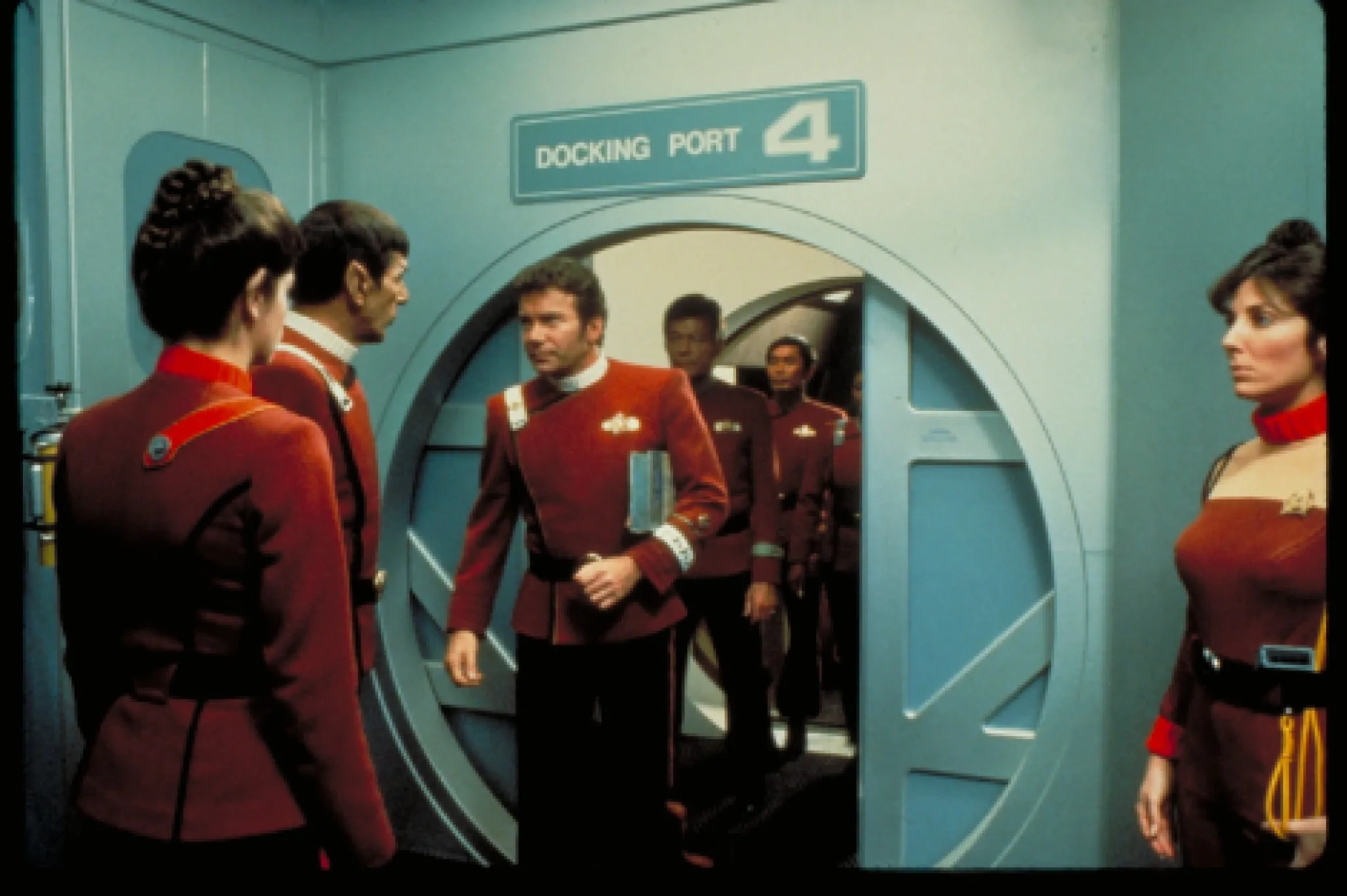 Kirstie Alley, Leonard Nimoy, William Shatner, DeForest Kelley, George Takei, and Nichelle Nichols in Star Trek II: The Wrath of Khan (1982)