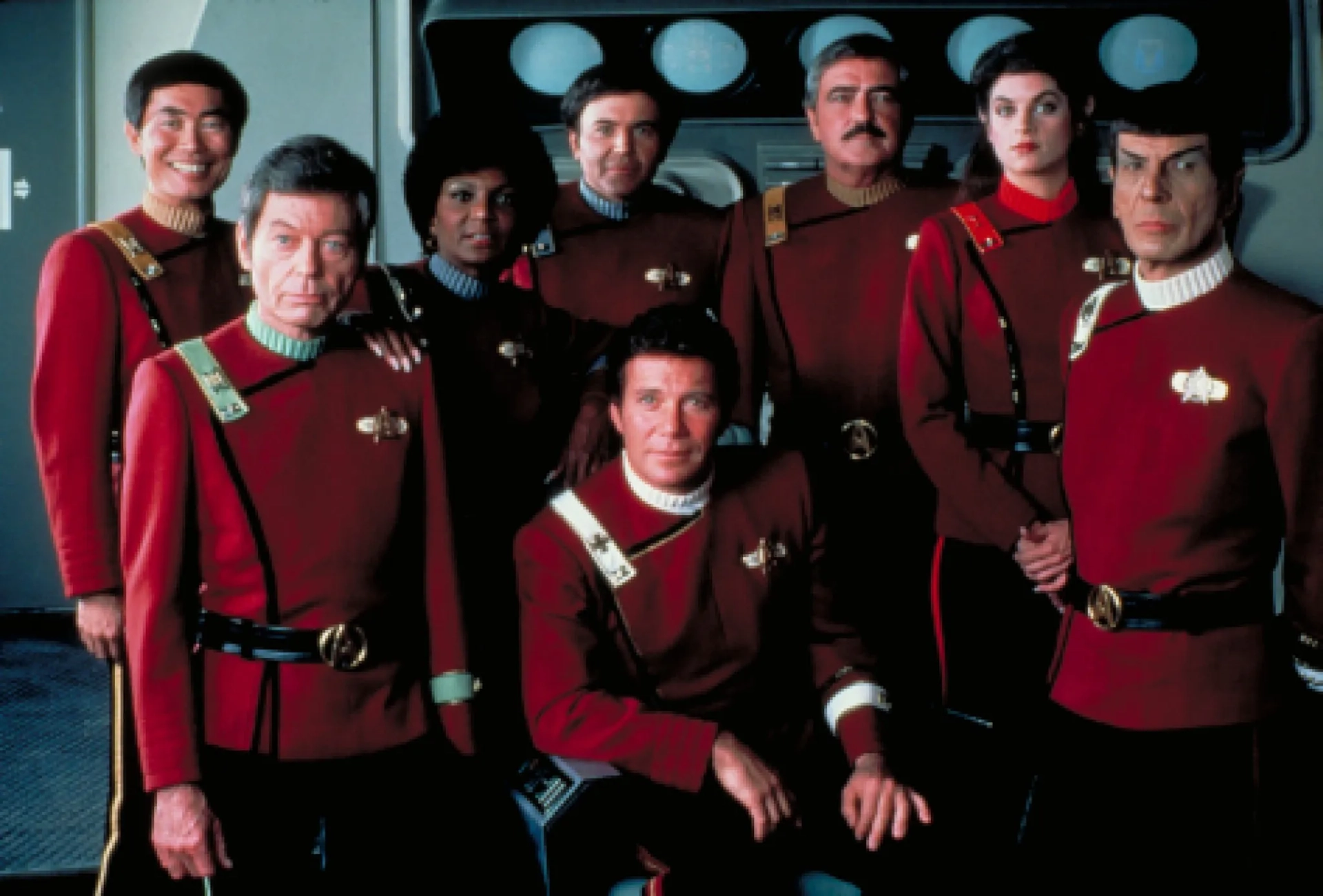 Kirstie Alley, Walter Koenig, Leonard Nimoy, William Shatner, James Doohan, DeForest Kelley, George Takei, and Nichelle Nichols in Star Trek II: The Wrath of Khan (1982)