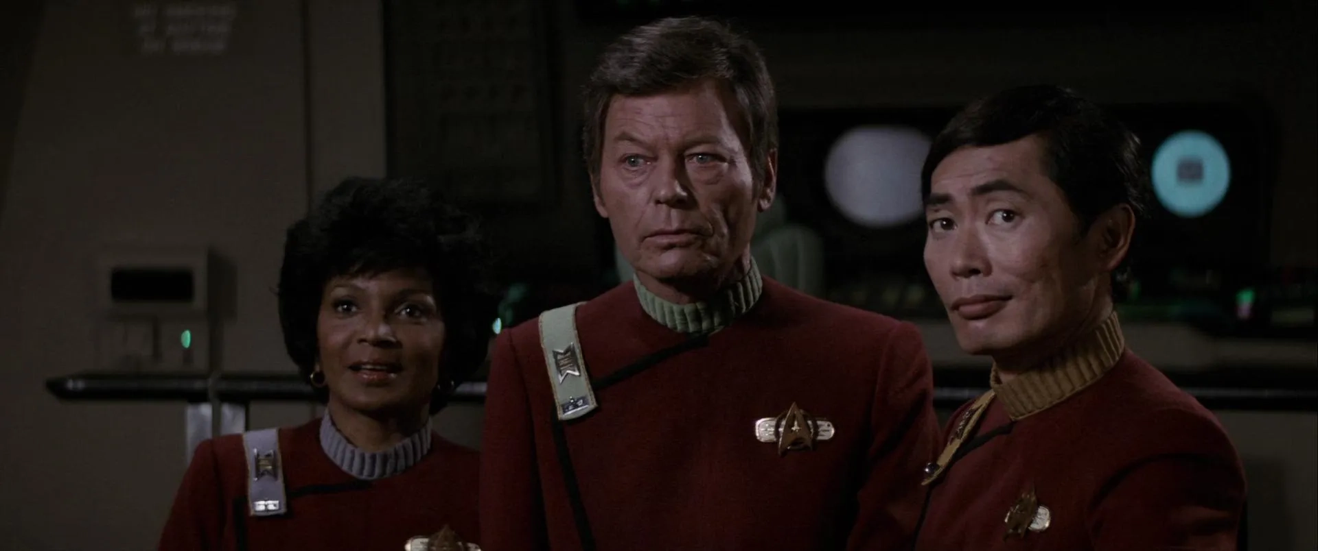 DeForest Kelley, George Takei, and Nichelle Nichols in Star Trek II: The Wrath of Khan (1982)