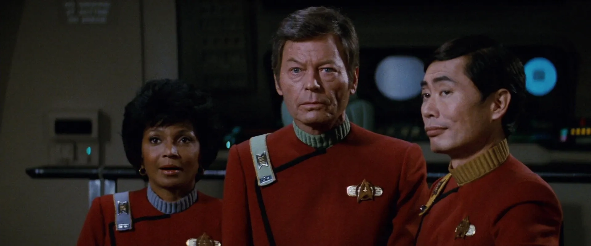 DeForest Kelley, George Takei, and Nichelle Nichols in Star Trek II: The Wrath of Khan (1982)