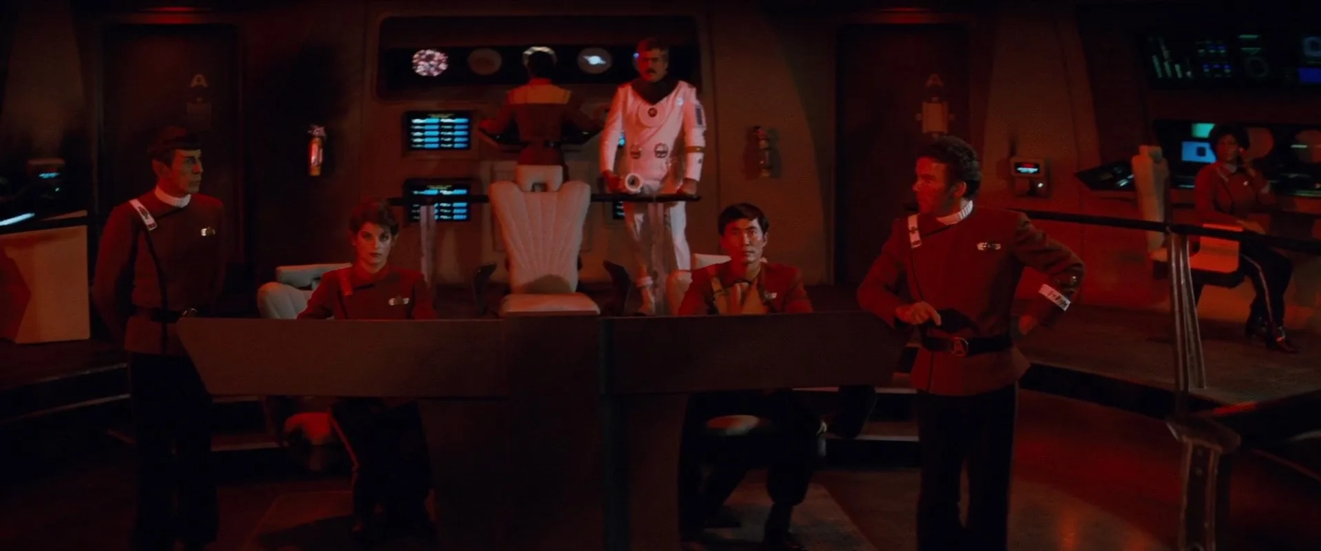 Kirstie Alley, Leonard Nimoy, William Shatner, James Doohan, George Takei, and Nichelle Nichols in Star Trek II: The Wrath of Khan (1982)