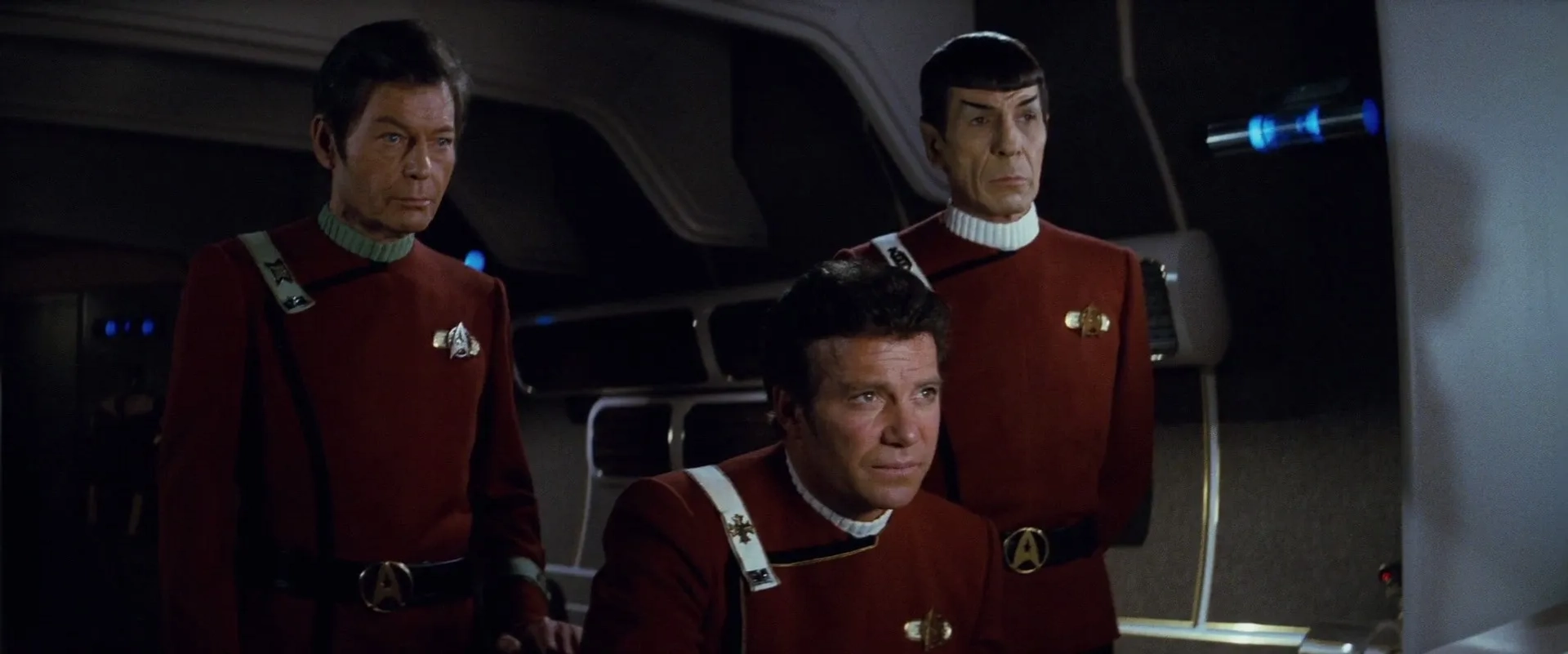 Leonard Nimoy, William Shatner, and DeForest Kelley in Star Trek II: The Wrath of Khan (1982)