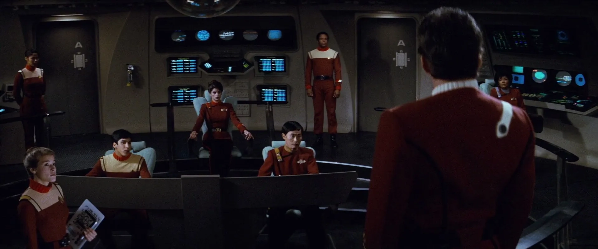 Kirstie Alley, William Shatner, George Takei, and Kimberly L. Ryusaki in Star Trek II: The Wrath of Khan (1982)