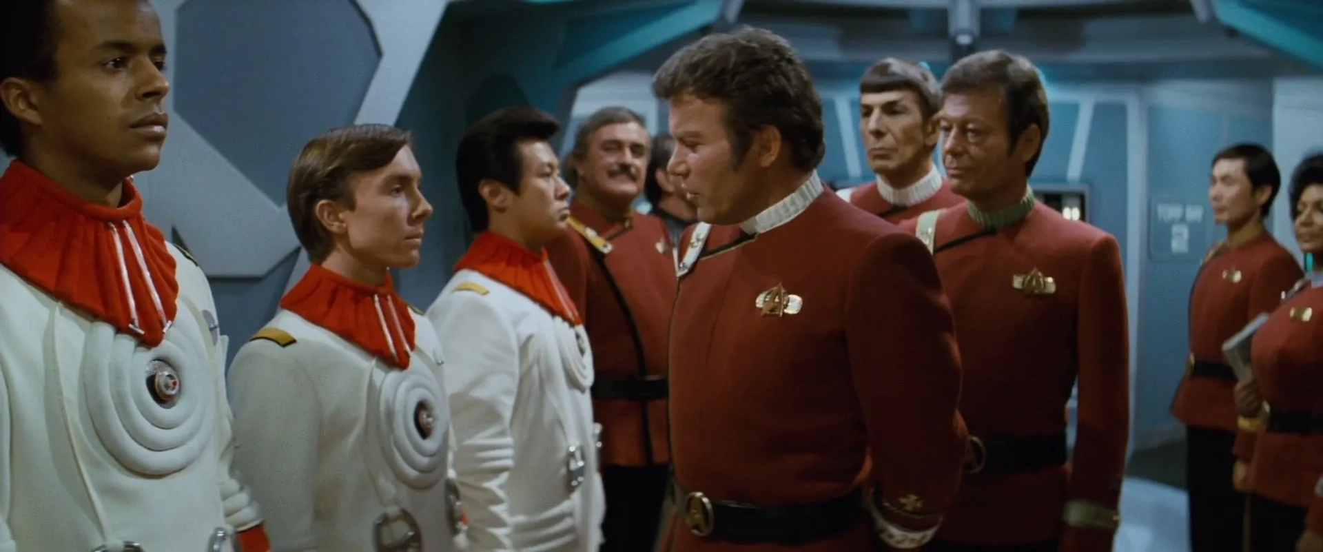 Leonard Nimoy, William Shatner, James Doohan, George Takei, Ike Eisenmann, and Nichelle Nichols in Star Trek II: The Wrath of Khan (1982)