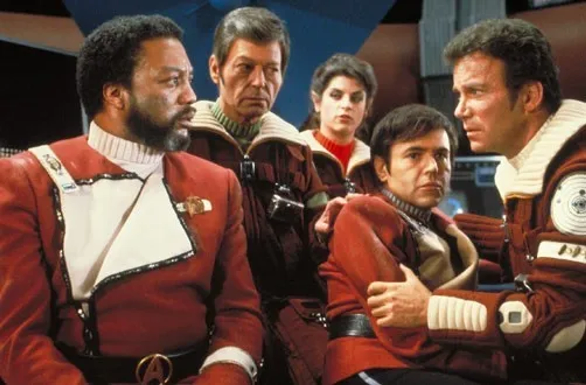 Kirstie Alley, Walter Koenig, William Shatner, DeForest Kelley, and Paul Winfield in Star Trek II: The Wrath of Khan (1982)