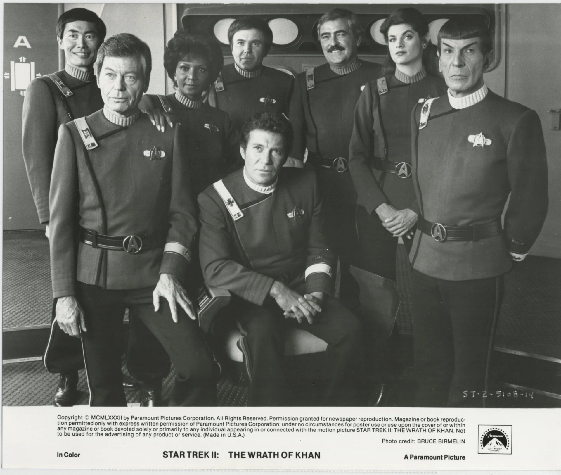 Kirstie Alley, Walter Koenig, Leonard Nimoy, William Shatner, James Doohan, DeForest Kelley, George Takei, and Nichelle Nichols in Star Trek II: The Wrath of Khan (1982)