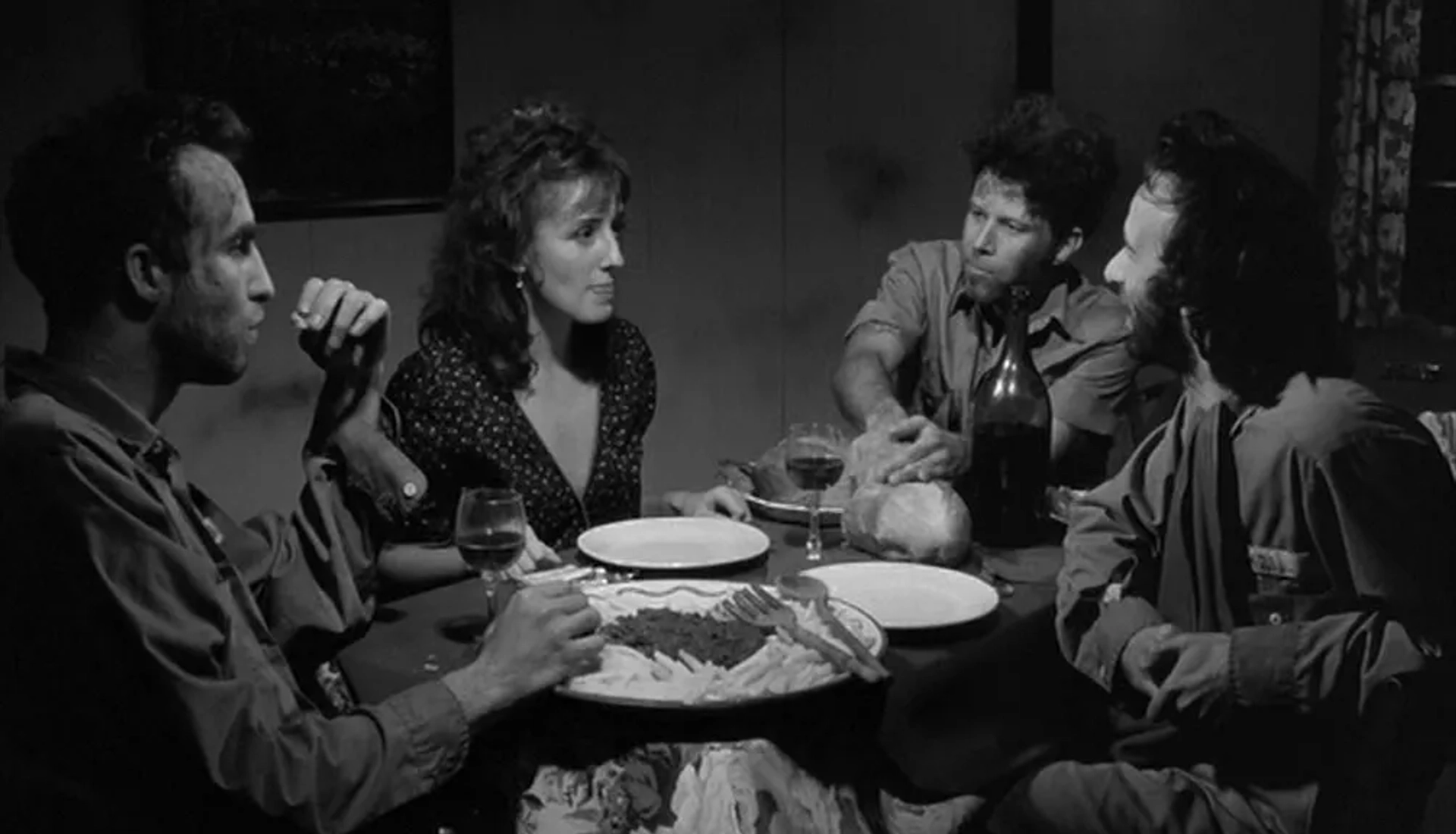 Roberto Benigni, Nicoletta Braschi, Tom Waits, and John Lurie in Down by Law (1986)