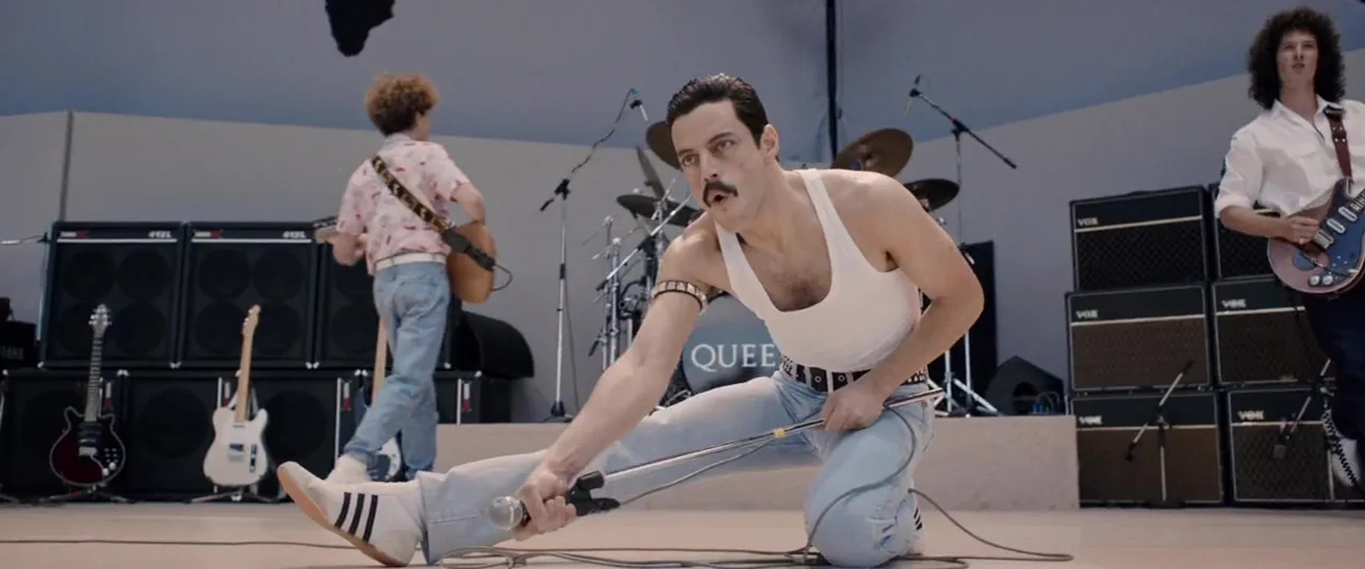 Joseph Mazzello, Rami Malek, and Gwilym Lee in Bohemian Rhapsody (2018)