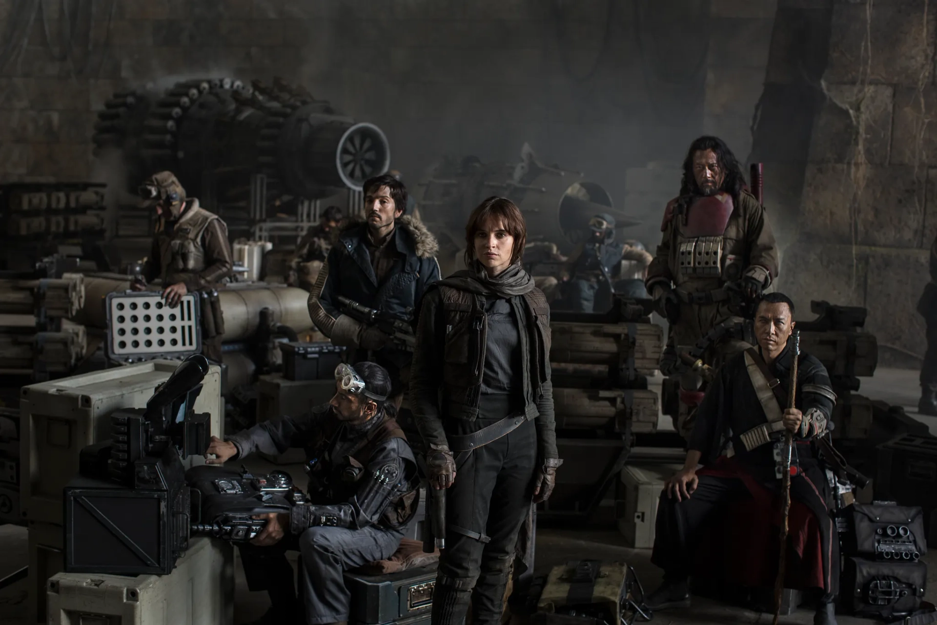 Wen Jiang, Felicity Jones, Diego Luna, Donnie Yen, and Riz Ahmed in Rogue One: A Star Wars Story (2016)