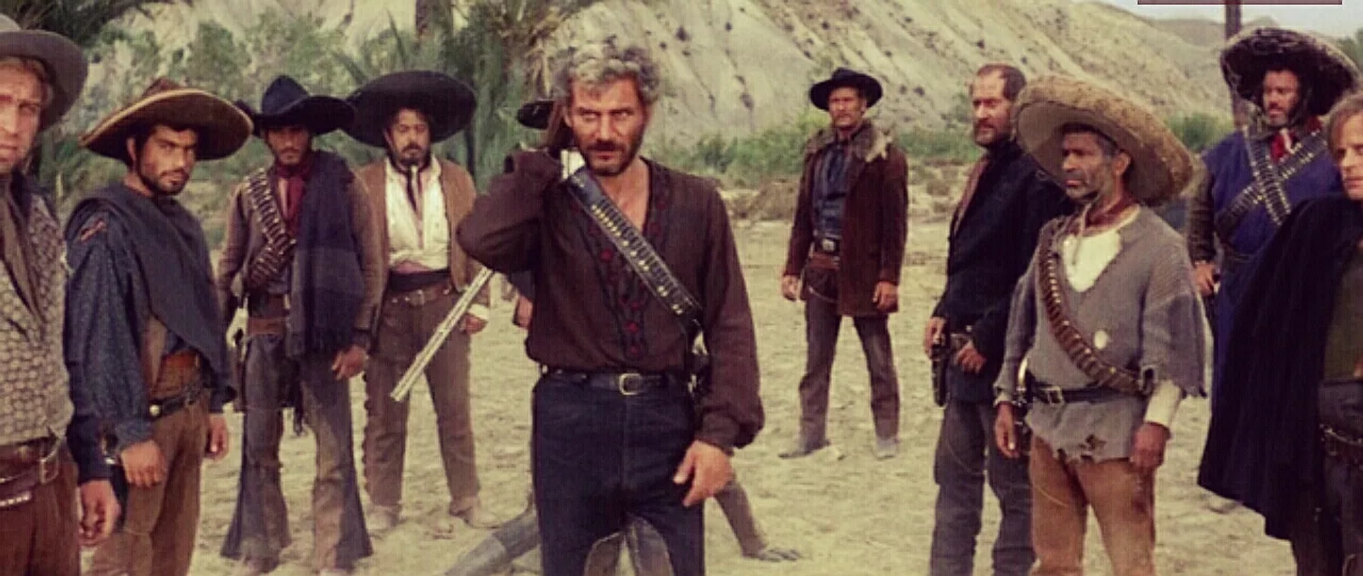 Klaus Kinski, Gian Maria Volontè, Werner Abrolat, Mario Brega, Antonio Molino Rojo, Panos Papadopulos, Luis Rodríguez, Benito Stefanelli, Enrique Santiago, and Eduardo García in For a Few Dollars More (1965)