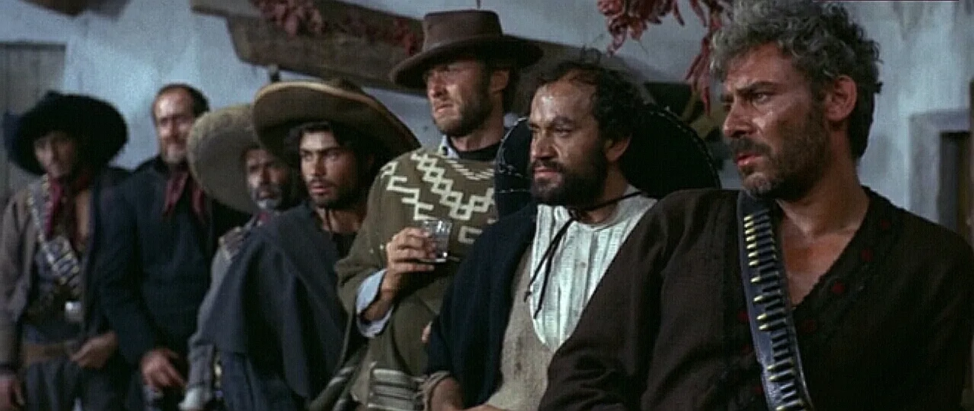 Clint Eastwood, Gian Maria Volontè, Werner Abrolat, Panos Papadopulos, Luis Rodríguez, Aldo Sambrell, and Eduardo García in For a Few Dollars More (1965)