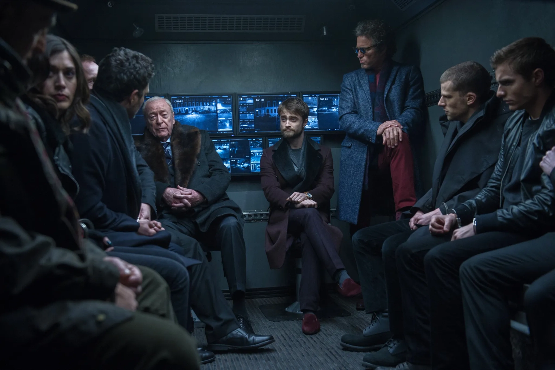 Michael Caine, Woody Harrelson, Lizzy Caplan, Jesse Eisenberg, Daniel Radcliffe, Mark Ruffalo, and Dave Franco in Now You See Me 2 (2016)