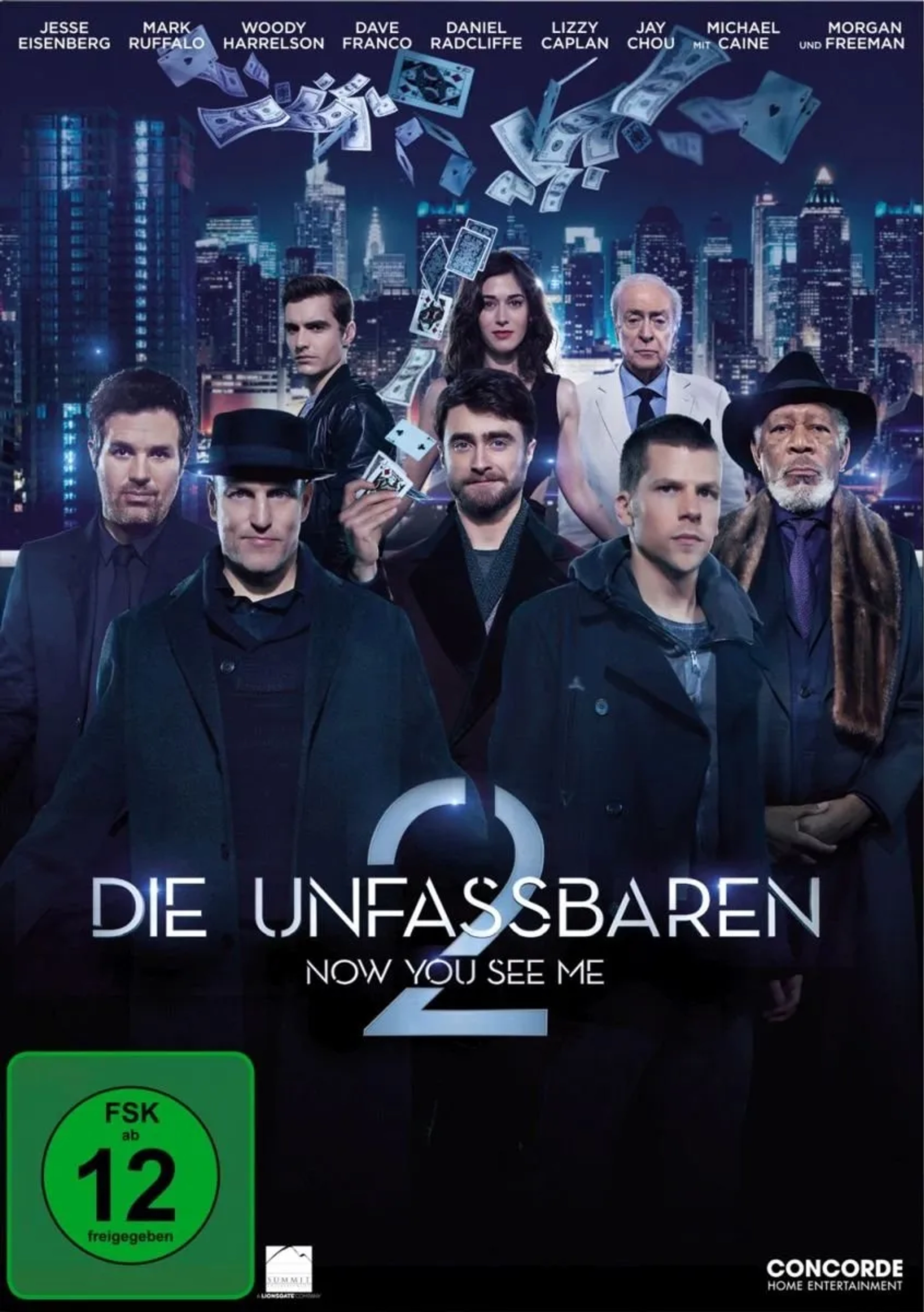 Morgan Freeman, Michael Caine, Woody Harrelson, Lizzy Caplan, Jesse Eisenberg, Daniel Radcliffe, Mark Ruffalo, and Dave Franco in Now You See Me 2 (2016)