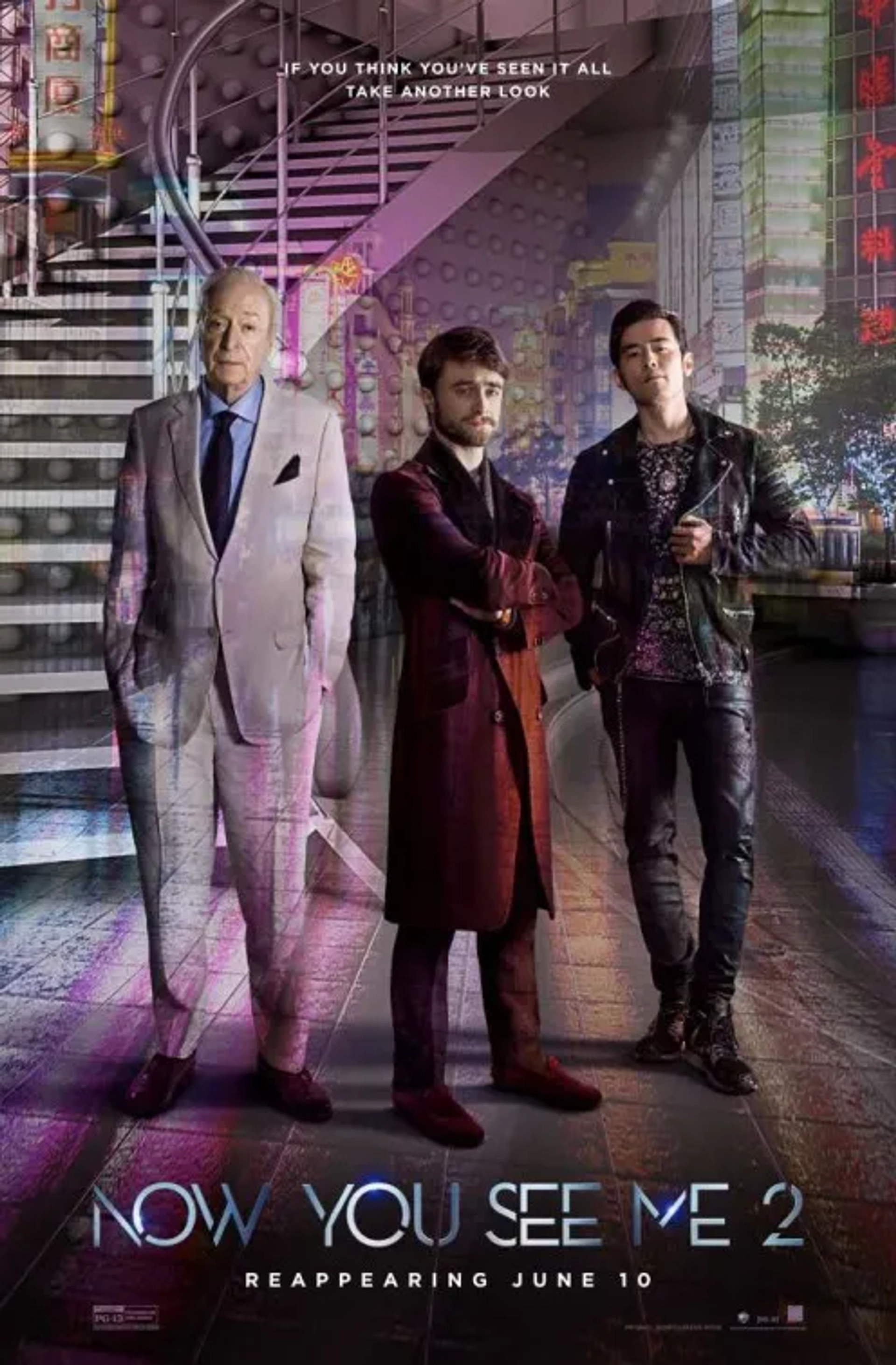 Michael Caine, Daniel Radcliffe, and Jay Chou in Now You See Me 2 (2016)