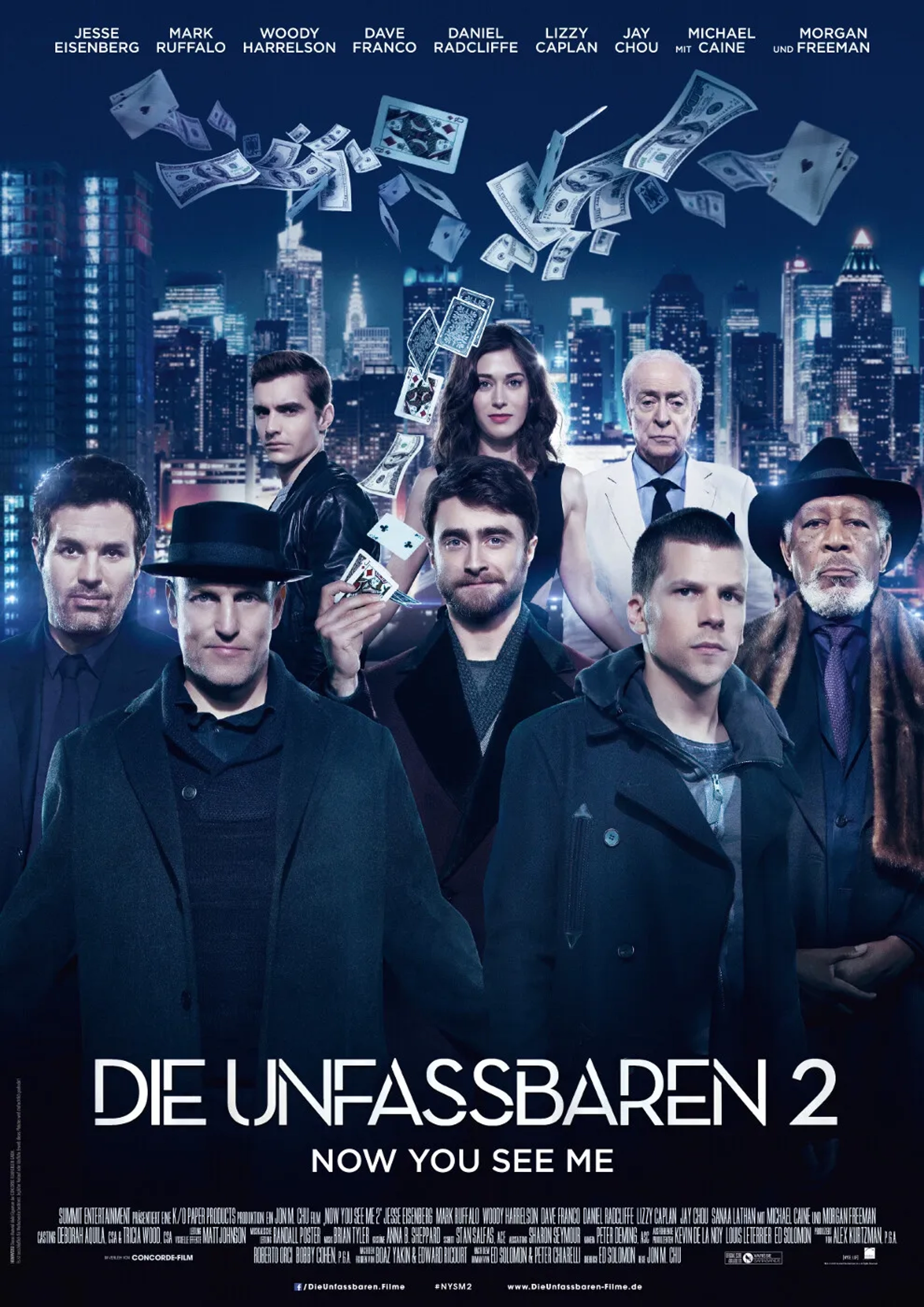 Morgan Freeman, Michael Caine, Woody Harrelson, Lizzy Caplan, Jesse Eisenberg, Daniel Radcliffe, Mark Ruffalo, and Dave Franco in Now You See Me 2 (2016)