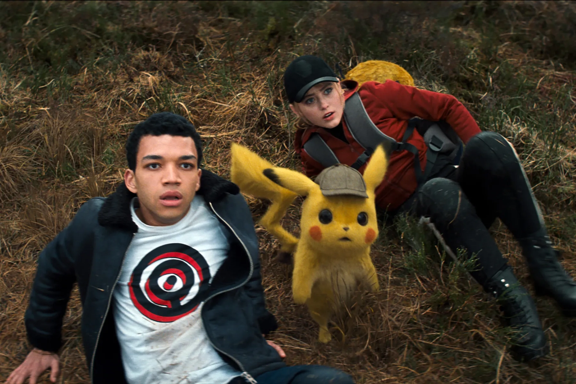 Ryan Reynolds, Kathryn Newton, and Justice Smith in Pokémon: Detective Pikachu (2019)