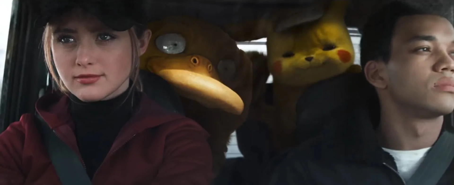 Ryan Reynolds, Kathryn Newton, and Justice Smith in Pokémon: Detective Pikachu (2019)