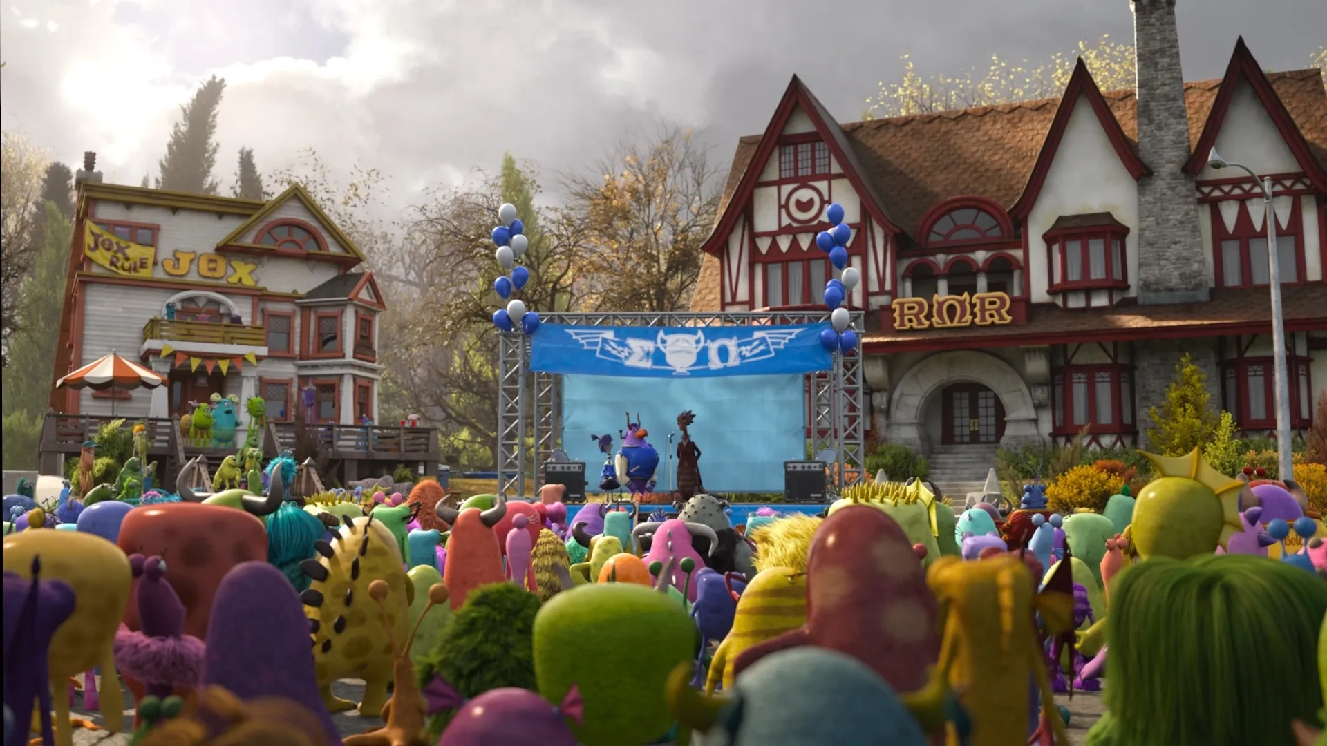 Helen Mirren, Tyler Labine, and Aubrey Plaza in Monsters University (2013)