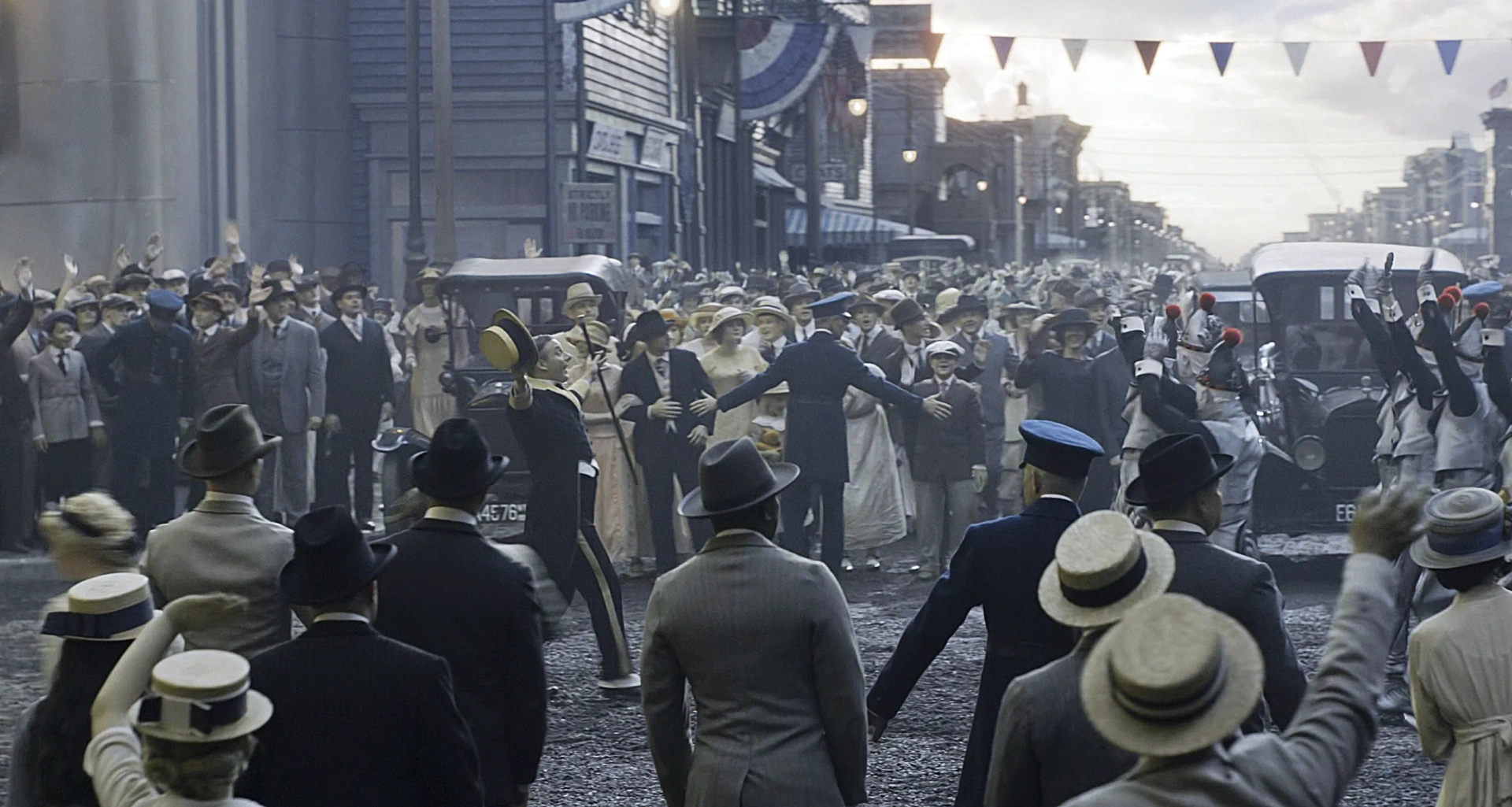 Danny DeVito, Michael Keaton, Colin Farrell, Stephen Samson, Marjo Nantel, Paddy Waters, Nina Mangold, Eva Green, Joseph Gatt, Daniel Gonçalves, Keith Lomas, Richard Garaghty, Stuart Daly, George Gjiggy Francis, and Nico Parker in Dumbo (2019)